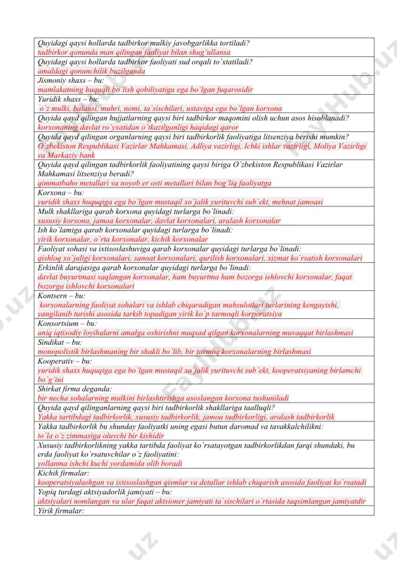 shart-sharoitlarga tez ko`nikma hosil qilish, tezlik bilan moddiy yutuqqa erishish imkoniyati quyida qayd qilingan javoblarning qaysi biri kichik biznes va xususiy tadbirkorlikning kamchiliklariga taalluqli? mehnat resurslarining kamroq jalb qilinishi o`zbekiston respublikasi qonunlariga ko`ra sanoat va qurilishda kichik korxonalar turkumiga odatda hisobot davrida ulardagi xodimlarning o`rtacha soni quyidagi chegaradan oshmagan korxonalar kiradi: 50 nafargacha o`zbekiston respublikasi qonunlariga ko`ra noishlab chiqarish sohasida kichik korxonalar turkumiga odatda hisobot davrida ulardagi hodimlarning o`rtacha soni quyidagi chegaradan oshmagan korxonalar kiradi: 10 nafargacha o`zbekiston respublikasi qonunlariga ko`ra chakana savdoda kichik korxonalar turkumiga odatda hisobot davrida ulardagi xodimlarning o`rtacha soni quyidagi chegaradan oshmagan korxonalar kiradi: 10 nafargacha quyidagi qaysi hollarda tadbirkor mulkiy javobgarlikka tortiladi? tadbirkor qonunda man qilingan faoliyat bilan shug’ullansa quyidagi qaysi hollarda tadbirkor faoliyati sud orqali to`xtatiladi? amaldagi qonunchilik buzilganda jismoniy shaxs – bu: mamlakatning huquqli bo`lish qobiliyatiga ega bo`lgan fuqarosidir yuridik shaxs – bu: o`z mulki, balansi, muhri, nomi, ta`sischilari, ustaviga ega bo`lgan korxona …