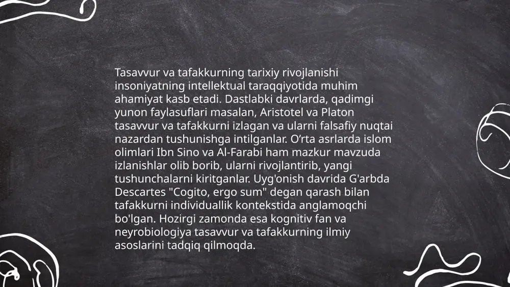 yangi tushunchalar va g'oyalarni yaratish jarayonida miya faoliyati 70-90% ga ko'payishi mumkin. tadqiqotlar ko'rsatadiki, muntazam ijodiy tasavvur mashqlari kognitiv qobiliyatlarni 20-30% yaxshilaydi. 6 ta asosiy amaliyot quyidagilar: meditatsiya, muammosi tasavvur qilish, ijodiy yozuv, rol o'ynash, vizualizatsiya va muqobil fikrlash. tasavvur orqali o'rganish ko'pincha zamonaviy ta'lim metodlari bilan birlashtirilib, talabalar va mutaxassislar orasida katta ahamiyat kasb etadi. tasavvur va tafakkur sadullayeva odina e'tiboringiz uchun raxmat! image1.png image2.png image3.png /docprops/thumbnail.jpeg