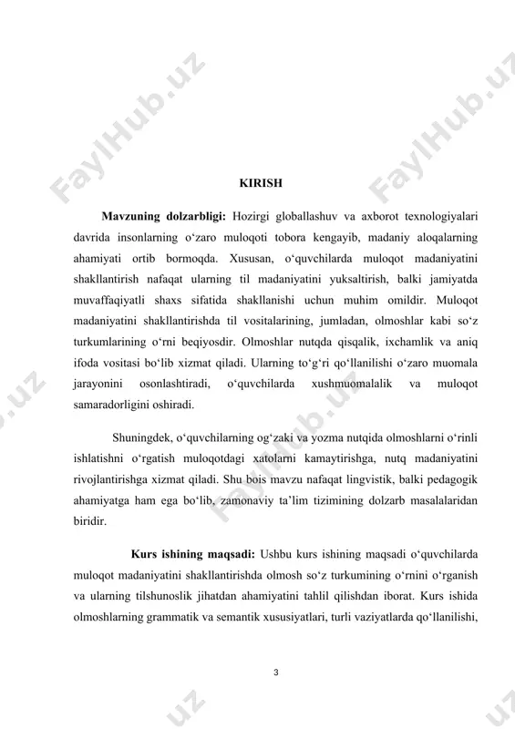 sh, aniqlik kiritish va semantik yukni kamaytirish vazifasini bajaradi. olmoshlar turli sintaktik va morfologik xususiyatlarga ega bo‘lib, nutqning samaradorligini oshiradi. olmoshlarning umumiy xususiyatlari. morfologik jihati: olmoshlar boshqa so‘z turkumlarini (ot, sifat, son) almashtiradi va ularning grammatik xususiyatlariga moslashadi. semantik jihati: ma’nosi kontekst orqali aniqlanadi, ya’ni mustaqil aniq ma’noga ega emas. sintaktik jihati: nutqdagi gap bo‘laklari (ega, to‘ldiruvchi va boshqalar) vazifasini bajaradi. pragmatik jihati: nutq madaniyati va muloqotning psixologik tomonlariga moslashib, xushmuomalalikni ifodalashda qo‘llaniladi. olmoshlar – gapda ot, sifat, son va boshqa so‘z turkumlari o‘rnida qo‘llaniladigan so‘zlar bo‘lib, ularning ma’nosi, vazifasi yoki kimga tegishliligini ifodalaydi. olmoshlar gapda qo‘llangan kontekstga qarab turli grammatik shakllarda bo‘ladi va muayyan turlarga bo‘linadi. quyida olmoshlarning asosiy turlari va ularning xususiyatlari keltirilgan: 1. shaxs olmoshlari. bu tur olmoshlar shaxslarni yoki narsalarni aniq ko‘rsatadi. ular uchta shaxsga bo‘linadi: 1-shaxs: men, biz 2-shaxs: sen, siz 3-shaxs: u, ular xususiyatlari: shaxs olmoshlari gapda ot o‘rnida ishlatiladi. kishilik va narsalikni ifodalaydi. …