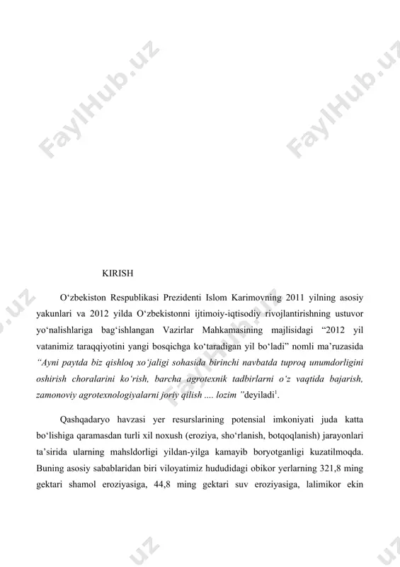 ya jarayonlarining kelib chiqish sabablarini tahlil qilish 5. havzasining yer usti tuzilishi va tuproq iqlim sharoitlaridan kelib chiqib eroziyaga beriluvchan maydonlar uchun yangi agrotexnik tadbirlar majmuasini qо‘llashga oid ilmiy uslubiy tavsiyalar ishlab chiqish tadqiqot metodlari. tadqiqotni olib borish jarayonida ilmiy-uslubiy adabiyotlarni, kartografik va statistik ma’lumotlarni tahlil qilish va kuzatish metodlari. tadqiqotning metodologik asosi. "о‘zbekiston respublikatsiya konstitusiyasi", "о‘zbekiston tabiatini muhofaza qilish tо‘g‘risidagi qonun" "yerlardan oqilona foydanish tо‘g‘risidagi qonun", prezidentimiz i.a.karimovning tabiiy resurslardan oqilona foydalanishni tashkil etishga yо‘naltirilgan asarlari va ma’ruzalari ham ularda bayon etilgan yondoshuvlar, mazkur tadqiqot muammosiga oid metodik adabiyotlarga tayanilgan. bitiruv malaka ishining ilmiy yangiligi. yer resurslaridan foylanishning muhim talablaridan biri mavjud yerlaridan foydalanishda yuqori natijalarga erishish texnologiyalaridan foydalanish о‘ziga xos yondoshuvlarni talab etadi. viloyatimizning yaylovlarida lalimikor va obikor yerlarida dehqonchilikda foylanishlarda tabiat va jamiyat qonuniyatlarining о‘zaro aloqadorligini ta’minlash dolzarb mumammolardan biri ekanligi nazariy jihatdan asoslangan yer resurslaridan dehqonchilikda foylanish eroziya jarayonlarining oldini olishga qaratilgan yangi texnologiyalarningn tadbiqiga doir …