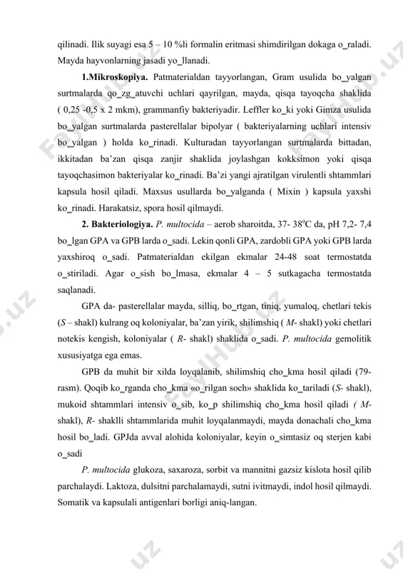 ntigenlari borligi aniq-langan. 3. biosinov. qoramol, cho‗chqa, qo‗ylardan tekshirilayotgan material bilan oq sichqon va quyonlar zararlanadi. material oq sichqonga- 0,2 ml, quyonga – 0,5 ml dozada terisi ostiga yuboriladi. quyonlarni avvalo pasterella tashuvchanlikga tekshiriladi - uch kun davomida ularning burun bo‗shlig‗iga 2 tomchidan 0,5 % li brilliart yashilining suvdagi eritmasi tomdiriladi. burun bo‗shlig‗idan yiringli ajratmaning oqishi pasterella tashuvchanligini bildiradi. ularda biosi-nov qo‗yish mumkin emas. parrandalardan tekshirilayotgan material bilan – kabutar, tovuq, o‗rdaklar mushaklari orasiga 0,3 ml suspenziya yuborib zararlanadi. ijobiy natijada 18 - 36 soatda biosinovdagi hayvonlar o‗ladi. natija ijobiy hisoblanadi: patologik materialdan grammanfiy, kapsula hosil qiladigan, harakatsiz tayyoqchasimon bakteriyalar kulturasi ajratilsa; ular glukoza, saxaroza, sorbit va mannitni parchalasa, indol hosil qilmasa, biosinovda virulentligi tasdiqlansa. biopreparatlar. hozirgi vaqtda hayvonlarda pasterellozning oldini olish uchun o‗ldirilgan va tirik vaksinalar qo‗llanadi. oxirgi yillarda hayvon va parrandalar pasterelloziga qarshi veterinariya amaliyotiga emulgirlangan vaksinalar kiritilgan. immunitet 6 – 12 oy davom etadi. o‗zbekiston veterinariya ilmiy …