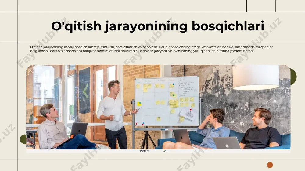 qlash va ularga erishish yo'llarini belgilash zarur. ta'lim jarayoni quyidagi bosqichlardan iborat: rejalashtirish, amalga oshirish va baholash. har bir bosqich o'ziga xos vazifalarga ega. baholash usullari, jumladan, formativ va summativ baholash orqali ta'lim samaradorligini oshirish mumkin. o'quvchilarning rivojlanish bosqichlarini hisobga olish va pedagogik metodlarni takomillashtirish orqali ta'lim jarayonini yanada samarali qilish mumkin. photo by priscilla du preez 🇨🇦 on unsplash e'tiboringiz uchun rahmat! image14.png image15.jpg image16.jpg image17.jpg image18.jpg image19.png image20.png image21.png image22.jpeg image23.png image24.png image11.png image12.png image13.png