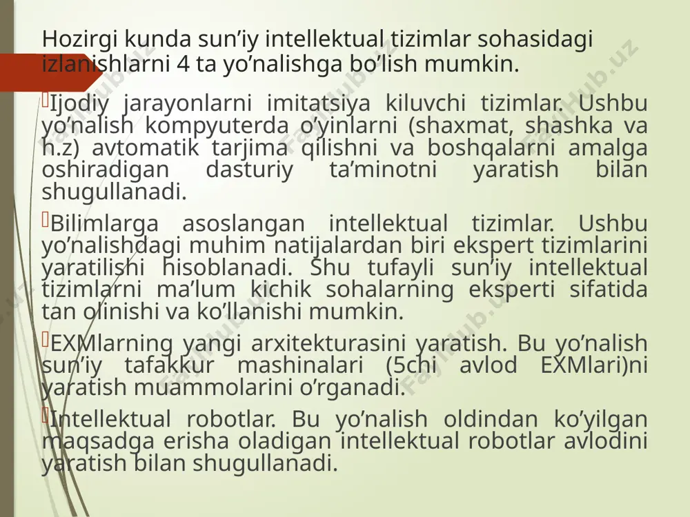 sa tizimning ba’zi bir qisimlari qayta loyihalanadi. iqtisodiy axborotlarni qayta ishlashga mo’ljallangan quyidagi ekspert tizimlari mavjud nomlash qo’llanilgan sohasi vazifasi e.slar loyihalashtirish bilimlar predmeti qoidasi umumiy vazifasi (tex zadach) apex moliyaviy ish yuritish jamg’armani boshqarish va rejarashtirish moliya hodimlariga yordam berish qoida tashxiz business plan tijoratni rejalashtirish qoida rejalashtirish commecial lerding tijoratni nazorat kilish (qarizlarni) qoida freym tashxiz expertax pul to’lovlarini xisobga olish taftish qilish rejalashtirish soliqlarni va boshqa freym rejalashtirish nazorat ekspert tizimlarni boshqa sohalarda ham keng qo’llanilishi mumkin, meditsinada kasalliklarga tashxiz qo’yishda, komp’yuterlarni testdan o’tkazishda, harbiy maqsadlarda, kosmonavtikada va boshqa. xulosa qilib aytganda ob’ektni boshqarish, nazorat qilish, rejalashtirish, va loyihalash ishlarida keng qamrovli bilim talab qiladigan sharoitda ekspert tizimlardan keng foydalaniladi. chunki ekspert tizimlar yaratilayotganda o’rganilayotgan sohadagi barcha bilimlar ekspert guruhlari yordamida to’planiladi. bu esa bir kishi eslab qolishi yoki bilishi qiyin bo’lgan axborotlarni bilimlar bazasi ko’rinishiga keltirib hisoblash texnikasi orqali boshqarish va foydalanish imkonini beradi. /docprops/thumbnail.jpeg