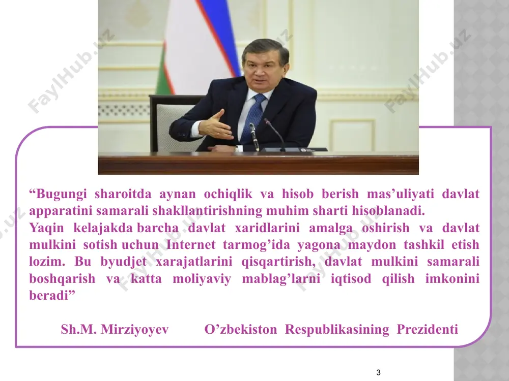 rati” to‘g‘risida o‘rq-403-sonli qonunining 3-moddasida parlament nazorati subyektlari bo‘lib quyidagilar belgilandi: 1.o‘zbekiston respublikasi oliy majlisining qonunchilik palatasi; 2.o‘zbekiston respublikasi oliy majlisining senati; 3.qonunchilik palatasining, senatning qo‘mitalari, komissiyalari; 4.qonunchilik palatasidagi siyosiy partiyalar fraksiyalari, deputatlar guruhlari; 5.qonunchilik palatasi deputatlari; 6.senat a’zolari; 7.o‘zbekiston respublikasi oliy majlisining inson huquqlari bo‘yicha vakili (ombudsman). mamlakatimizda parlament nazorati shakllari quyidagilardan iborat: navbatdagi yil uchun o‘zbekiston respublikasining davlat byudjetini, davlat maqsadli jamg‘armalarining byudjetlarini hamda soliq va byudjet siyosatining asosiy yo‘nalishlarini qabul qilish, shuningdek davlat byudjeti ijrosining borishini ko‘rib chiqish; o‘zbekiston respublikasi vazirlar mahkamasining mamlakat ijtimoiy-iqtisodiy hayotining eng muhim masalalari yuzasidan har yilgi ma’ruzasini ko‘rib chiqish; o‘zbekiston respublikasi bosh vazirining mamlakat ijtimoiy-iqtisodiy rivojlanishining ayrim dolzarb masalalari yuzasidan hisobotini eshitish; qonunchilik palatasi, senat majlislarida hukumat a’zolarining o‘z faoliyatiga doir masalalar yuzasidan axborotini eshitish; o‘zbekiston respublikasi hisob palatasining hisobotini eshitish; o‘zbekiston respublikasi bosh prokurorining hisobotini eshitish; o‘zbekiston respublikasi markaziy banki boshqaruvi raisining hisobotini eshitish; parlament so‘rovi; qonunchilik palatasi deputatining, senat a’zosining …