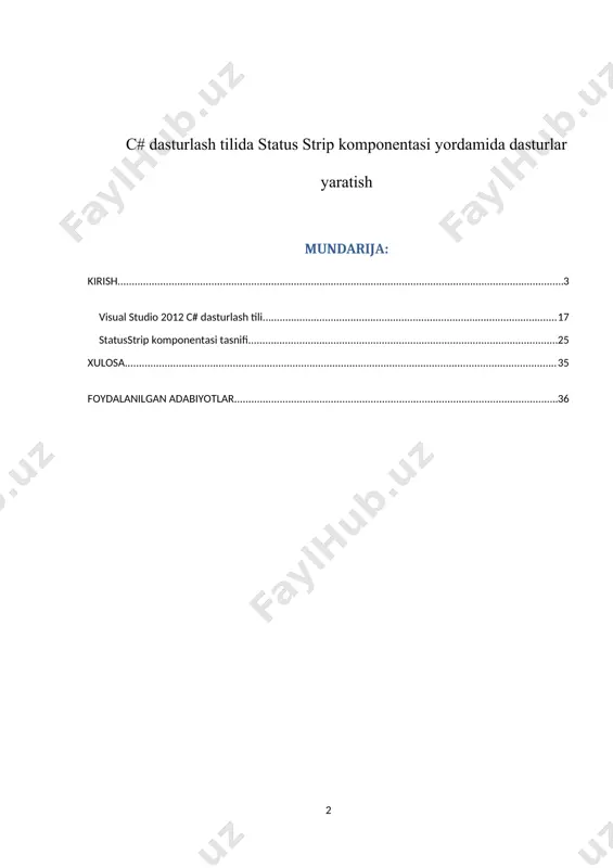 ndalik davomida foydalanadigan texnologiyalarimiz: kompyuter, planshet, uyali telefon (smartfon) va h.k. lar dasturiy ta’minot asosida ishlaydi. dasturiy ta’minot bozor iqtisodiyotida katta foyda keltirmoqda. dasturiy ta’minotlar ichida eng ajralib turadigani bu o’yindir. sababi boshqa dasturiy ta’minotlardan ko’ra talab va qiziqish ko’proq. kurs ishining maqsadi statusstrip komponentasini o’rganish va statusstrip komponentasi yordamida dasturlar yaratish. i bob. nazariy qism c# dasturiy ta`minoti tarixi haqida qisqcha c# dasturi 90 yillarning oxirida ishlab chiqilib microsoft .net ning bir qismiga aylandi. al`fa versiya sifatida 2000 yildan boshlab ishlatila boshladi .c # bosh arxitektori butun dunyo dasturchilari ichida birinchilar qatorida turgan va butun dunyo tomonidan tan olingan anders hejlsberg bo`ldi. uning 1980 yillarda chiqarilgan turbo paskal dasturi orqali ham tanishimiz mumkin. c# bevosita c, c++ va java bilan bog`liq. chunki bu uchta til dasturlash olamida eng mashhur tillardir. bundan tashqari profisanal dasturchilar c va c++ ni va juda ko`pchilik java tilida ish yuritadi. biz c# ning kelib …
