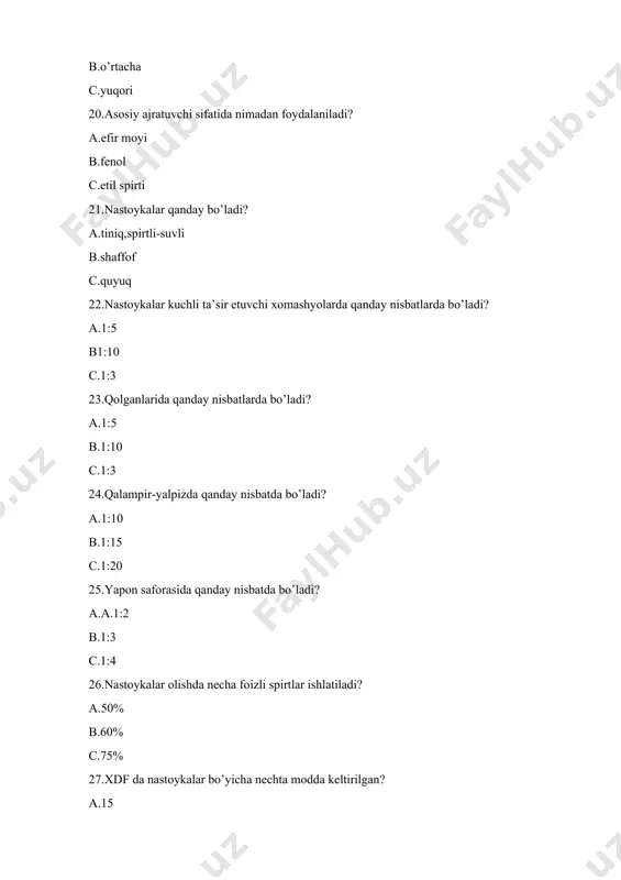 43.novogalen preparatlari qayerda ishlab chiqarilgan? a.germaniya b.fransiya c.a va b 44.adonilen qachon ishlab chiqarildi? a.1924 b.1923 c.1925 45.yurak glikozidlari saqlovchi preparat qaysi? a.adrenalin b.nastoyka c.adonilen 46.marvaridgul qanday rangda? a.och sariq b.och pushti c.qizil 47.achchiq mazali,xidsiz o’simlik qaysi? a.adonilen b.marvaridgul c.korglikon 48.galakturon kislotada qand miqdori qancha? a.10-21% b.10-15% c.20-21% 49.galakturon kislota qaysi kasallikda ishlatiladi? a.yurak-qontomir kasalligida b.oshqozon-ichak yallig’lanishida c.bosh og’riq kasalligida 50.areazol so’zining ma’nosi? a.grek.havo-eritmasi b.yunon.havo-eritma c.grek.havo-modda 1. suvsiz lanolin, kungaboqar moyi, tozalangan suv saqlagan surtma asosining guruxini ko‘rsating? *а) gidrofil б) lipofil с) difil emulsion д)difil absorbsion 2. surtmalarda emulsiyaning tipi nimalarga bog‘liq? а) tozalangan suvning og‘irligiga *б) emulgatorning tabiati va xossalariga с) kiritiladigan dori moddalarining tabiatiga д) dispers faza zarrachalarining o‘lchamiga 10. ionogen bo‘lmagan sirt-faol moddalarga kiradi: *а)emulgator t-2 б) vazelin с) dodetsil- va sterilsulfatlarning natriyli tuzlariж д) natriy laurilsulfat tayyor dori vositasi deb nimaga aytiladi? + davolash hususiyatiga ega bo‘lgan dori shakli xususiy iste’molchiga davolash uchun qulay bo‘lgan …