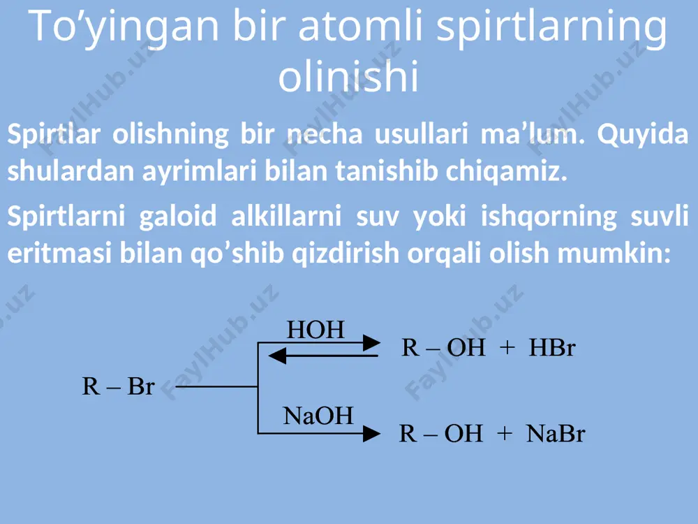 lish mumkin. fizik xossalari spirtlarning c10 gacha bo’lganlari suyuqlik va undan yuqorilari qattiq moddalardir. dastlabki vakillari suv bilan istalgan nisbatta aralashadi. o’ziga xos xidga ega. ularning molekulyar massalari ortib borishi bilan suvda eruvchanligi kamayib hidi yoqimsiz bo’lib boradi, qaynash harorati ham ortib boradi. normal tuzilishga ega bo’lgan spirtlar izomerlariga qaraganda yuqori haroratda qaynaydilar. spirtlar vodorod bog’lanishi hosil qilagnligi sababli yuqori haroratda qaynaydilar: spirtlar orasida metil spirti o’ta zaharli hisoblanadi, uning 10 ml inson ko’rish qobilyatini yo’qotishiga, 30 ml esa o’limiga sabab bo’ladi. spirtlarning kimyoviy xossalari bir atomli spirtlar kimyoviy jihatdan nisbatan faol birikmalar bo’lib, ular oh – guruhdagi vodorod atomi, hamda oh - guruh bog’langan uglevodoroddagi vodorodlar hisobidan kimyoviy jarayonlarga kirisha oladilar. bir atomli spirtlar neytral xarakterga egadirlar. ammo ular juda kam darajada amfoterlik hususiyatini namoyon qiladilar. ularga ishqoriy metallar bilan ta’sir etilganda gidroksil guruhining vodorodi metall bilan almashadi va alkogolyatlarni hosil qiladi: suv bilan ta’sir etilganda ular oson parchalanadilar: …
