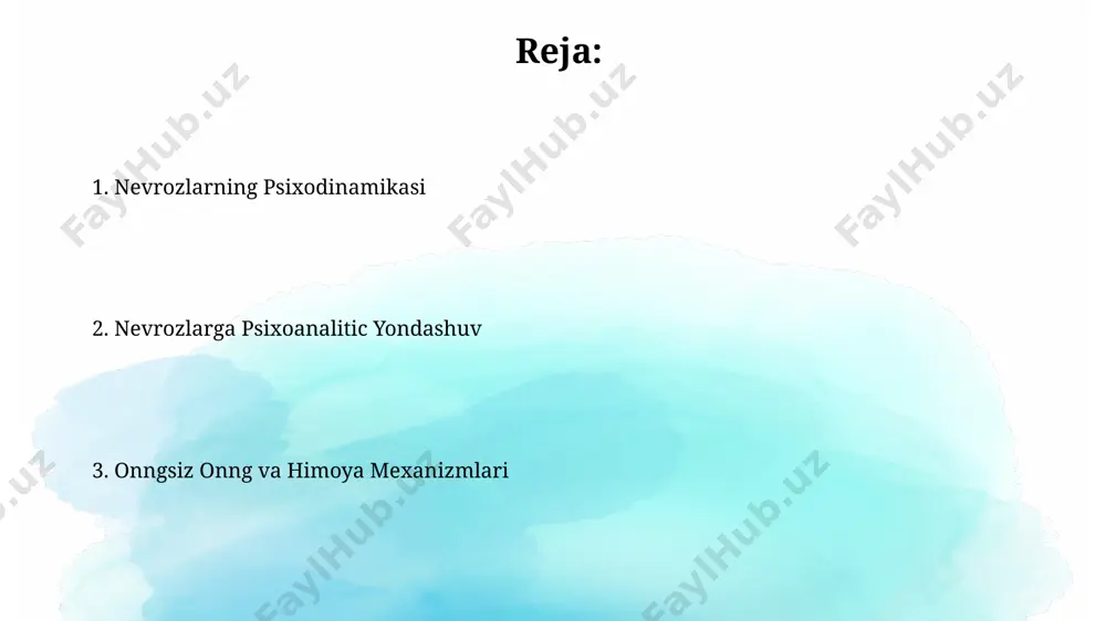 -5 ta asosiy voqeani tahlil qilish orqali aniqlash mumkin. fiksatsiya va regressiya fik satsiya, masalan, 5 yoshida og'ir travma olgan bola o'zining rivojlanishining shu bosqichida "qotib qolishi" mumkin, bu esa keyinchalik nevrozlarga olib kelishi mumkin, ayniqsa, vena psixanalitik maktabi nazariyalarida ko'rsatilganidek. fik satsiya va regressiya o'rtasidagi farq shundaki, fik satsiya rivojlanishning ma'lum bir bosqichida "qotib qolish" bo'lsa, regressiya esa avvalgi, ko'pincha bolalik davridagi, psixoseksual rivojlanish bosqichiga qaytishni anglatadi, bu esa, masalan, sigmund freydning psixoseksual rivojlanish nazariyasi doirasida o'rganiladi. erkin assotsiatsiya usuli erkin assotsiatsiya usuli, 19-asr oxiri va 20-asr boshlarida vena shahrida sigmund freud tomonidan ishlab chiqilgan bo'lib, bemorning ongsiz fikrlarini ochib berish uchun 3 dan 5 soatgacha davom etadigan seanslarni o'z ichiga oladi. erkin assotsiatsiya, psixoanalitik terapiyaning asosiy usullaridan biri sifatida, dunyoning 150 dan ortiq mamlakatlaridagi psixologlar va psixiatrlar tomonidan amalda qo'llaniladi va turli xil nevrozlarni davolashda qo'llaniladi. sigmund freydning nazariyasi freydning ongli va ongsiz olamiga bo'lgan qarashlari, ongsizdagi bostirilgan …