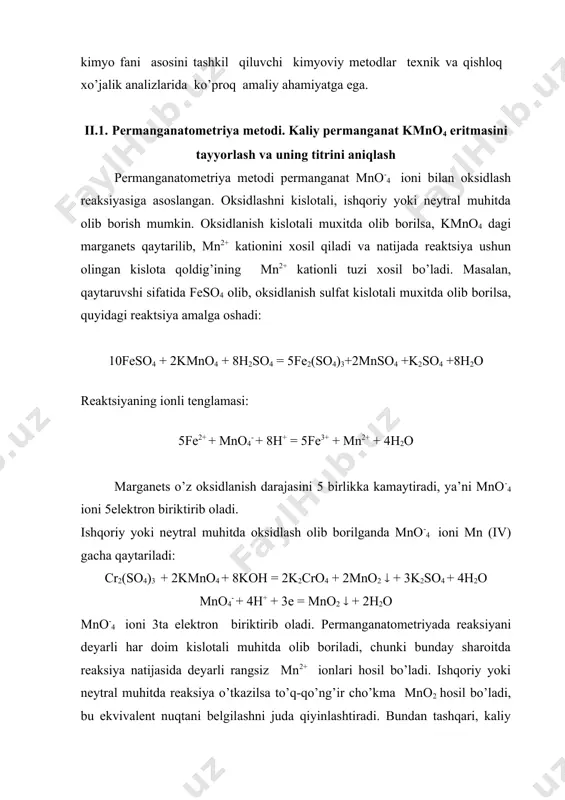 myoviy izlanishini, hoh u yangi modda olish bo’lsin yoki yangi texnologik tizim ishlab chiqilmasin, ishlab chiqarishni jadallashtirish yoki mahsulot sifatini oshirish bo’lmasin,baribir ularni analitik kimyo metodlarisiz amalga oshirib bo’lmaydi. analitik kimyo analizdagi maqsad va uni hal qilish metodlariga qarab ikkita katta qismga bo’linadi: sifat va miqdor analizi. sifat analizda tekshirilayotgan modda tarkibidagi ayrim elementlarni bor yo’qligi aniqlanadi. miqdor analizida tekshirilayotgan modda tarkibidagi ayrim tarkibiy qismning miqdori aniqlanadi. xozirgi davrda analitik kimyo tekshirishda ko’p sonli va turli-tuman metodlardan foydalanmoqda. bu metodlarni 3 guruxga bo’lish mumkin: kimyoviy, fizikaviy va fizik-kimyoviy. kimyoviy metodlar kimyoviy o’zgarishlarga asoslangan bo’lib bu o’zgarishlar eritmalarda boradi va cho’kmalar,rangli birikmalar va gazsimon moddalar xosil bo’lishiga sababchi bo’ladi. fizikaviy va fizik-kimyoviy metodlar ba’zan instrumental metodlar deb ham ataladi. bu metodda moddaning biror xossasini ifodalaydigan muayyan parametrlar qiymatini aniq o’lchashga imkon beradigan asbob-uskunalardan foydalaniladi. fizik va fizik-kimyoviy metodlarning bir qator afzalliklariga qaramasdan analitik kimyo fani asosini tashkil qiluvchi kimyoviy metodlar texnik …