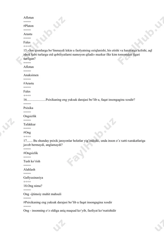 == shartsiz reflekslar ==== ortirilgan refleks ++++ 28.tropizm bu -: ==== tashqi dunyoni sezgilar asosida aks ettirish ==== organizmning qо‘zg‘ovchilar ta’siriga moslashuvi ==== #biologik omillarga maxsus harakatlar bilan reaksiya qilish ==== organizmning ong yordamida boshqarilishi ++++ 29.......................psixika yashash sharoiti bilan belgilanadi va sharoit o’zgarishi bilan o’zgaradi. ==== ong va faoliyat ==== #determinizm ==== ongni rivojlanishi ==== psixikani rivojlanish ++++ 30.ong va faoliyat bir-biriga qarama-qarshi ham aynan bir narsa emas ular bir butunlikni tashkil etadi tamoyili? ==== determinizm ==== ongni faoliyatda rivojlanishi ==== #ong va faoliyat birligi ==== ong psixikada rivojlanishi ++++ 31............... psixikaga taraqqiyot mahsuloti va faoliyat natijasi deb qaralsa, uni to’g’ri tushunish hamda tushuntirib berish mumkin. ==== ong va faoliyat birligi ==== ongni faoliyatda rivojlanishi ==== ongni psixikada rivojlanishi ==== #psixika va ongni faoliyatda taraqqiy etishi ++++ 32.dastlabki psixologik tadqiqotlar labaratoriyasi qachon kim tomonidan ochildi? ==== #1879 yil v.vundt ==== 1875 yil z.freyd ==== 1880 yil m.bexterev ==== 1880 …