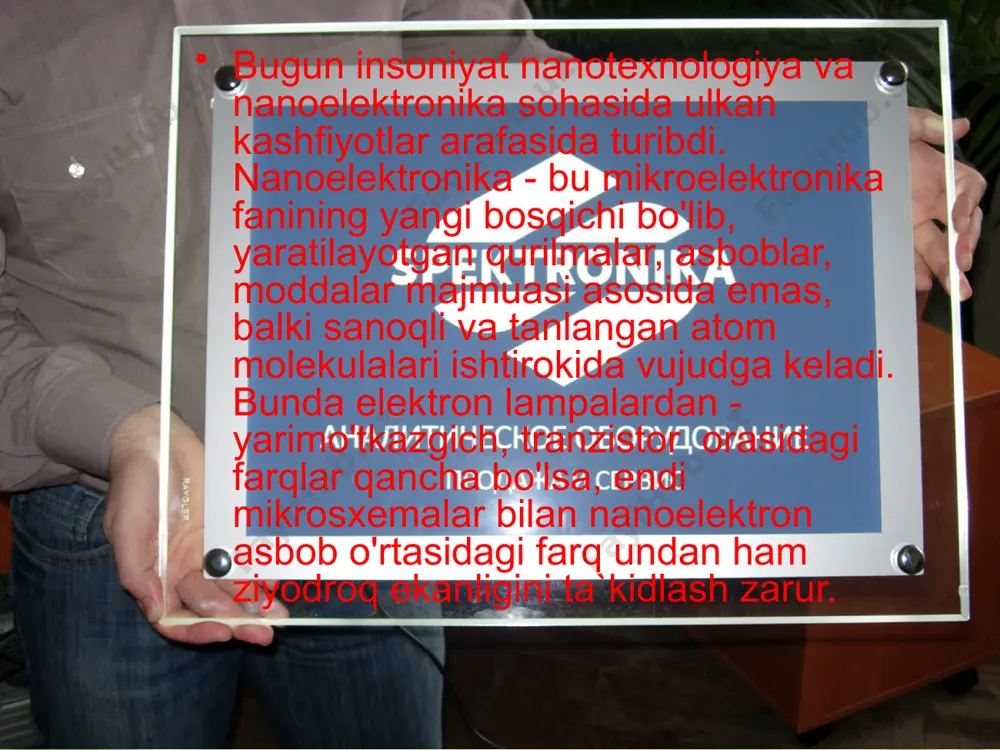 i hozirning o'zidayoq yetarli darajada ishlab chiqarish yo'lga qo'yilgan. yangi texnologiyaning yana bir muhim tomoni shuki, bu texnologiya asosida kremniy materialining magnit xossalarini boshqarish mumkin bo'ladi. bu yangi tipdagi magnit yarim o'tkazgich materiallarini yaratish mumkinligi isbot etildi va tajribada tasdiqlandi. bunday materiallar mikroelektronika va nanoelektronikaning bir qismi sifatida yangi yo'nalish - spektronika qurilmalarining yangi avlodini yaratish imkonini beradi. toshkent davlat texnika universiteti olimlarining bu sohadagi olib borgan ilmiy ishlari munosib ravishda o'zbekiston respublikasi vazirlar mahkamasi huzuridagi o'zbekiston respublikasining fan va texnika, adabiyot, san`at va me`morchilik sohasidagi davlat mukofotlari kengashining 2007 yilda beriladigan davlat mukofotlari tanloviga taqdim etildi. image2.jpeg image3.jpeg image4.jpeg image5.jpeg image6.jpeg image7.png image8.jpeg image9.jpeg image10.jpeg image11.png image12.png image1.jpeg /docprops/thumbnail.jpeg
