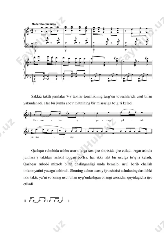 49–70 taktlarni notadan o’qing va 1-48 taktlar bilan bog’lang. asar 49 taktda yana fortepiano partiyasi bilan davom etadi. qashqar rubob partiyasida shtrixlar to’liqroq jaranglay boshlaydi. 59-60 taktlarga o’xshash jumlalarda fa notasidan do notasiga o’ziga xos glissando, ya’ni fa notasi birinchi barmoq bilan olinib, do notasiga olib o’tiladi. 60 taktda do-si-re-do notalar tremolo shtrixida chalinadi. si va re tovushlari bir qarashda forshlag ko’rinishida, boshqa tomondan qaralsa, asosiy tovush – do atrofida uning sadolanishi davrida si-re notalari go’yoki “paypaslab” o’tiladi. aynan mana shu ijro ashula ohangini va so’z bo’g’inlarini to’liq ifoda eta oladi. ushbu ijro uslubini ustozingizdan o’rganing. chap va o’ng qo’llar mutanosibligiga e’tibor bering. 4. 70-88 taktlarni o’rganing va oldingi taktlar bilan bog’lang. ushbu qism ashulaning eng yuqori avji bo’lib, unda uchinchi oktava mi notasi ikki takt davomida cho’zib turiladi. qashqar rubob dastasining yuqori qismida sado(oberton)lar kamayishi oqibatida yuqori pardalarda tovushni jarangdor sadolantirib chalish imkoniyati pasayadi. shu sababli, talabalar ijrosida bunday …