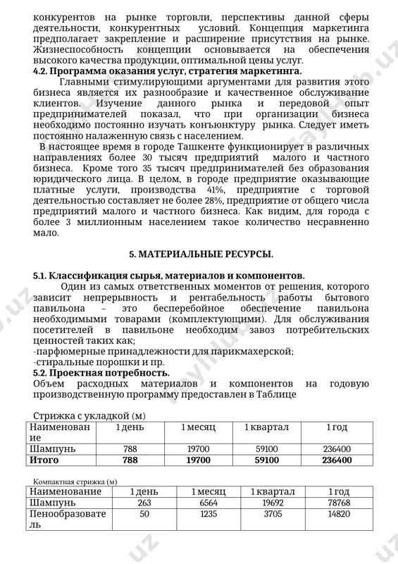 вание клиентов. изучение данного рынка и передовой опыт предпринимателей показал, что при организации бизнеса необходимо постоянно изучать конъюнктуру рынка. следует иметь постоянно налаженную связь с населением. в настоящее время в городе ташкенте функционирует в различных направлениях более 30 тысяч предприятий малого и частного бизнеса. кроме того 35 тысяч предпринимателей без образования юридического лица. в целом, в городе предприятие оказывающие платные услуги, производства 41%, предприятие с торговой деятельностью составляет не более 28%, предприятие от общего числа предприятий малого и частного бизнеса. как видим, для города с более 3 миллионным населением такое количество несравненно мало. 5. материальные ресурсы. 5.1. классификация сырья, материалов и компонентов. один из самых ответственных моментов от решения, которого зависит непрерывность и рентабельность работы бытового павильона – это бесперебойное обеспечение павильона необходимыми товарами (комплектующими). для обслуживания посетителей в павильоне необходим завоз потребительских ценностей таких как; -парфюмерные принадлежности для парикмахерской; -стиральные порошки и пр. 5.2. проектная потребность. объем расходных материалов …