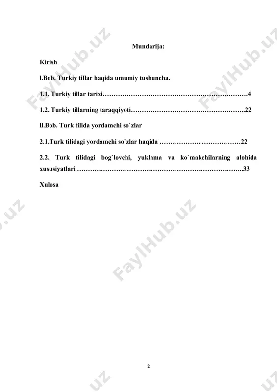 etish zamr bo‘ladi.turkiy tillarning boshqa tillar bilan aloqadorligini o ’rganish muammosini hal etish ham ahamiyatlidir. zotan, turkiy xalqlar qadirn zamonlardan beri hind-yevropa, fin-ugor, semmit, m o‘g ‘ul va boshqa xalqlar bilan yondosh holda yashagan va o‘zaro munosabatda bo‘lgan. xalqlar o‘rtasidagi ijtimoiy-siyosiy aloqalartilda o ‘z ifodasini topadi. tadqiqotlar jarayonida boshqa tillarning turkiy tillarga ta’sirini o ‘rganish bilan bir qatorda, turkiy tillarning german, roman, slavyan, mo‘g`ul, fors-tojik kabi qardosh bo‘lmagan tillarga ta ’sirini tekshirish, tadqiq qilish, substrat holatlarni aniqlash ham muhimdir. biz ham bu kurs ishimizda turk tilidagi yordamchi so`zlarni batafsil o`rganishni niyat qilganmiz. mavzuning dolzarbligi. hech kimga sir emaski, bugungi kunda turkiy xalqlar har doimgidan ham bir-biriga anchayin yaqinlashib bormoqda . siyosiy, iqtisodiy, madaniy aloqalar tobora rivojlanib bormoqda. bu esa albatta turkiy tillar ahamiyatini yuqori darajaga olib chiqmoqda. turk tili bugungi turkiy olam ichida eng mavqeli tillardan biridir. bu tilning grammatik imkoniyatlarini o`rganish va o`zbek tiliga tatbiq etish dolzarb masala bo`lib …