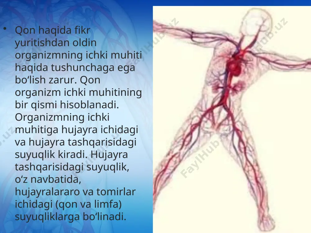 qonda erigan natriy xlorid tashkil etadi. osh tuzining 0,9 % li eritmasi odam va barcha issiqqonli hayvonlar uchun fiziologik eritma bo‘lib hisoblanadi. bundan yuqori konsentratsiyali eritmasi qon uchun gipertonik, past konsentratsiyali eritmasi qonga nisbatan gipotonik eritmadir. qon kuchsiz ishqoriy reaksiyaga ega — ph=7,4. savol va topshiriqlar organizmning ichki muhiti va uning tarkibiy qismlari haqida so‘zlab bering. gomeostaz nima? issiq iqlim sharoiti organizmning ichki o‘zgarishiga qanday ta’sir ko‘rsatadi? qon qanday funksiyalarni bajaradi? qonning fizik-kimyoviy xossalarini ayting. image2.jpeg image3.png image4.jpeg image5.jpeg image6.jpeg image7.jpeg image8.jpeg image9.jpeg image10.jpeg image11.png image12.jpeg image13.jpeg image14.jpeg image15.jpeg image16.jpeg image1.jpeg
