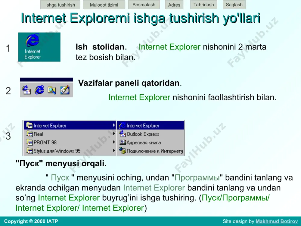 joylashgan. iatp tarmoq tuguni internet access and training programga qaraydi. .uz tarmoq tuguni o'zbekistonda. odatda, tijorat tarmoqlari .com, davlat tarmoqlari (aqsh uchun) - .gov. suffiksiga ega. agar manzil aniq bir sahifani ko’rsatsa, u holda qo'shimcha ma'lumotlar yoziladi, masalan, sahifani o'zida saqlagan jild va faylning nomi. html tilidan foydalanib, yaratilgan web-sahifa fayl kengaytmasi, odatda .htm bilan .html yoki .shtml bilan tugallanadi. ishga tushirish muloqot tizimi bosmalash adres saqlash tahrirlash copyright © 2000 iatp site design by makhmud botirov agar siz avval ham ushbu web-tugunni ko'rib chiqqan bo'lsangiz, u holda shu manzilni kiritayotganingizda avtomatik tugallash dasturchasi uni sizga taklif etadi. manzilning taxminiy qismi manzillar katorida ajratib ko'rsatilgan bo’ladi. ma'lumot qatorida (dastur darchasining eng quyi qismida) varaqlovchi ie o'zining bajarayotgan ishi haqida ma'lumot berib boradi, ya'ni: qandaydir saytni qidirish davom etayotgani va saytning topilgani hamda “javobni kutish” kerakligi, rasm yo faylni uzatish davom etayotgani va nihoyat hamma obektlar tayyorligi haqida. o'ngroqda jarayon dinamikasi …