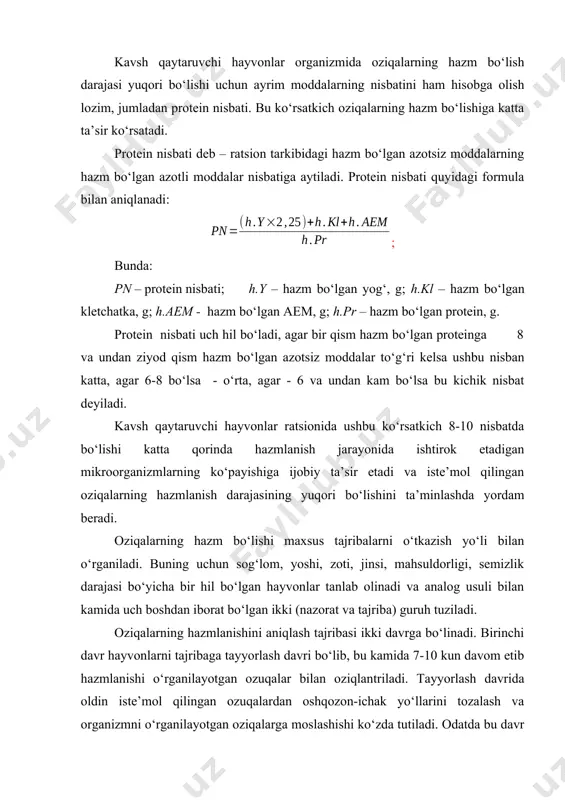 un 7-10 kun, cho‘chqa va otlarda 6-7 va parrandalar uchun 5-6 kun davom etadi. oxurlarda qolgan qoldiq ozuqalarning kimyoviy tarkibini aniqlash uchun ularni guruhlarga, ya’ni dag‘al, shirali, konsentratlarga ajratib olinishi kerak. agar tajribalarda ushbu qoldiqlar ko‘p miqdorda bo‘lsa unda ulardan o‘rtacha namuna olish yo‘li bilan takribini o‘rganish mumkin. hisoblash davrining yakunida tajribadagi hayvonlar tomonidan ite’mol qilingan oziqa, tezak bilan ajralgan va hazm bo‘lgan to‘yimli moddalar miqdori va ularning hazmlanish koeffitsientlari hisoblab topiladi. oziqalarning hazmlanish darajasi asosan uchta usulda aniqlanadi: inert indikatorlari yodamida, oddiy va differensial usullari bilan. oziqalarning hazmlanish darajasini inert indikatorlari yordamida aniqlash. inert indikatorlari sifatida oziqalarga temir oksidi, xrom oksidi, bariy sulfati, kremniy kislotasi kiritiladi yoki oziqalar tarkibidagi lignindan foydalanish mumkin. tajriba davomida hayvonlar tomonidan iste’mol qilingan oziqalarning hisobini olib borilishi bilan bir qatorda 10-15 ta tezak namunalari (qoramollardan 1-2 kg) olinadi. oziqalar namunalarida to‘yimli moddalar va tezak namunalari tarkibida inert indikatorlarining saqlanishi aniqlanadi. bunday tajribalarda oziqalarning hazm …