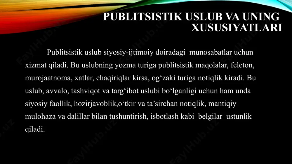 r. matn tahlili matn tahlili - bunda xilma-xil vazifalar bajariladi. chunki bu tahlildan kuzatiladigan maqsad asarning xususiyatlarini o‘rganishdir. matndagi voqealarda davrning siyosiy, ijtimoiy, madaniy va ahloqiy hayoti o‘z aksini topadi. matn tahlilida tasvirlangan voqelik va shu voqelikka muallifning munosabati aniqlanadi. masalan: alisher navoiyning "farhod va shirin" dostonida olijanob fazilatlarini ulug‘lash, adolat va xalqparvarlik, do‘stlik va qahramonlik, muhabbat erkinligi va unga sadoqati asarni g‘oyaviy mazmunini tashkil qiladi. asarda xisrav, yosumon kabi yovuz kuchlar bilan farhod, shirin, mehnbonular o‘rtasidagi kurash ko‘rsatiladi. shoir farhod, mehnbonu, shirinlarning barcha harakatlariga xayrixohlik bildiradi. shohni adolatli bo‘lishiga undash g‘oyasini ilgari suradi. e’tiboringiz uchun raxmat image2.png image1.png /docprops/thumbnail.jpeg