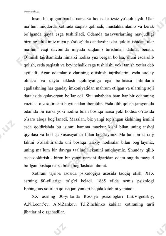 ng alohida reaktsiyalari orientir reflekslar haqida i.p.pavlov ilgari surgan tasavvurida ixtiyorsiz diqqatning g`ayri ixtiyoriy tabiati haqida taxmin bor edi. hozirgi zamon mas’uliyatlariga qaraganda orientir reflekslar juda ham murakkabdir. ular organizmni anchagina qismlarining faolligi bilan bog`langan. diqqatning fiziologik mexanizmlarini tushunib etishda dominanta (nasldan - naslga o`tuvchi asosiy belgi) printsipi alohida ahamiyatga ega. a.a.uxtomskiyning fikriga ko`ra, miyada hamisha qo`zg`alishning ustun va hukmronlik qiluvchi markazi mavjud bo`ladi. diqqat miya faolligini muayyan darajasida yuz berishi mumkin. demak, diqqatning fiziologik asosini bosh miya pusti qismidagi “optimal qo`zg`alish nuqtasi” tashkil qiladi. miya po`stining optimal qo`zg`algan joyi o`z o`rnini almashtirib turishi, diqqatni bir narsadan ikkinchi narsaga kuchishini va shuning bilan birga, ongimizning ma’lum narsa, ma’lum faoliyat turiga qarata yo`naltirilishi va to`planishini shartlaydi. shunday qilib, diqqat bir qator miya tuzilmalari faoliyati bilan bog`liqdir. lekin diqqatning har xil shakllari va turlarini tartibga solishda ularning roli turlichadir. sechenov i.n. xotirani hayvon va inson tuzilishini eng muhim mo`’jizasi deb bejiz aytmagan. …