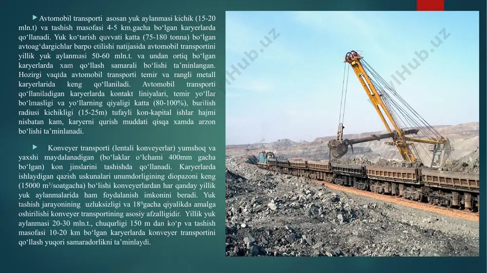 ransport qurilmalari kon korxonalarida foydali qazilmalarni zaboy (qazish joyi)dan yer osti yoki ochiq kon lahimlari bo‘ylab va undan keyin kon tepasidan boyitish fabrikasi yoki temir yo‘l vagonlariga yuklash punktigacha, tog‘ jinslarini esa ag‘darmagacha tashish uchun hizmat qiladi. shu bilan birgalikda kon transporti to‘lg‘azma va yordamchi materiallar hamda jihozlarni kon ustidan shaxtaga tashishni ta’minlaydi. undan tashqari, kon transporti odamlarni gorizontal va qiya lahimlar bo‘ylab ish joyigacha va smena tugagandan so‘ng stvol atrofi qo‘rasigacha tashishga hizmat qilib, konchilarning mehnat sharoitlarini yaxshilaydi va ish vaqtining unumsiz sarfini qisqartiradi. yuklar tashiladigan lahimlarning uzunligi, odatda, bir necha kilometrni tashkil qiladi, ayrim hollarda esa bir necha o‘n kilometr bilan o‘lchanadi. shaxtada bir vaqtning o‘zida bitta emas, odatda bir nechta qazish va tayyorlov zaboylari ishlaganligi tufayli, yer osti transporti yo‘llarni ko‘p shoxobchalarga bo‘linib ketishi bilan tavsiflanadi. ularni murakkablik darajasi konning kon - geologik sharoiti va uni qazish tartibiga bog‘liq. yo‘llar ko‘pincha o‘zoro ketma - ket almashiladigan gorizontal, …