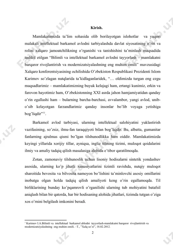tsiyalashning eng muhim omili. –t., ”xalq so’zi”, 18.02.2012.] barkamol avlod tarbiyasi, ularning intellektual salohiyatini yuklastirish vazifasining, so’zsiz, ilmu-fan taraqqiyoti bilan bog’liqdir. bu, albatta, gumanitar fanlarning ajralmas qismi bo’lgan tilshunodlikka ham oiddir. mamlakatimizda keyingi yillarida xorijiy tillar, ayniqsa, ingliz tilining tizimi, muloqot qoidalarini ilmiy va amaliy tadqiq qilish masalasiga alohida e’tibor qaratilmoqda. zotan, zamonaviy tilshunoslik uchun lisoniy hodisalarni sintetik yondashuv asosida, ularning ko’p jihatli xususiyatlarini tizimli ravishda, nutqiy muloqot sharoitida bevosita va bilvosita namoyon bo’lishini ta’minlovchi asosiy omillarini inobatga olgan holda tadqiq qilish amaliyoti keng o’rin egallamoqda. til birliklarining bunday ko’pqamrovli o’rganilishi ularning tub mohiyatini batafsil aniqlash bilan bir qatorda, har bir hodisaning alohida jihatlari, tizimda tutgan o’ziga xos o’rnini belgilash imkonini beradi. mavzuning dolzarbligi. ingliz tilini xorijiy til sifatida o’qitishda so’zlar, so’z birikmalarini o’z ichiga oluvchi frazeologik birikmalarini ona tilidagi frazeologik birliklar bilan taqqoslaganda ikki tilning o’ziga xos xususiyatlaridan kelib chiqqan qiyinchiliklar namoyon bo’ladi. o‘rgatilayotgan tildagi mavjud frazeologik birikmalarning ona …