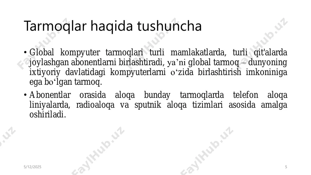 atish kabeliga o‘tkazuvchi maxsus elektron qurilma. modem “modulator” va “demodulator” so‘zlari birlashmasidan hosil bo‘lgan. 5/12/2025 26 tarmoq kabellari 5/12/2025 27 koaksial kabel o‘rama juft kabel optik tolali kabel koaksial kabel turlari 5/12/2025 28 qattiq liniyali (hardline) radiatsion (radiating, “leaky”) egizak o‘qli (twinaxial) uch o‘qli (triaxial) yarim qattiq (semi-rigid) qattiq (rigid line) rg-6 o‘rama juft kabel 5/12/2025 29 utp kabellarning kategoriya bo‘yicha texnik tavsifi kabel kategoriyasi chastota kengligi, mgersgacha ma’lumot almashish tezligi, mbit/sekund tavsifi cat1 0.1 - телефон, isdn cat2 1 4 tokenring, ҳ. қўлланилмайди cat3 16 10/100 телефон, 10base-t ethernet cat4 20 16 (1ж) 100 метр, ҳ. қўлланилмайди cat5 100 100 (2ж), 1000 (4ж) ethernet cat5e 125 100 (2ж) 100 mbps tpddi, 155 mbps atm, gigabit ethernet cat6 250 1000 (4ж), 10 000 (50м) gigabit ethernet cat6a 500 40 000 gigabit ethernet cat7 700 50 000 gigabit ethernet оптик толали кабель 5/12/2025 30 gof pof glass optic fiber cable plastic …