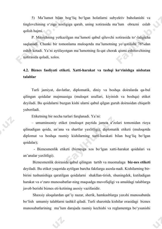 abullar biznes (rasmiy) aloqalarini o‘rnatish va ularni rivojlan-tirishning asosiy shakllari bo‘lib hisoblanadi. ertalabki nonushta, tushlik va bir piyola choy ustida suhbat qabullarning keng tarqalgan turidir. tushlik – bu cheklangan kishilar uchun mo‘ljallangan, uzoq vaqtni olmaydigan (1,5 soatgacha) qabul. u, odatda, soat 12.00 dan 15.00 ga-cha amalga oshiriladi. ishtirokchilar sipo kiyimda bo‘ladi. taklif etilgan-larga bitta yoki ikkita sovuq va issiq ovqat beriladi. yaxna ichimliklar ham taklif etilishi mumkin. kechki ovqatlanish – bu qabulning eng tantanali turi hisobla-nadi. u voqelik muhim ekanligini bildirish uchun amalga oshiriladi. kechki ovqatlanish, odatda, soat 19.00 dan 21.00 oralig‘ida boshlanadi. erkaklar ayollari bilan birga taklif qilinadi. erkaklar qora kostyum (smoking, frak), ayollar sipo libosda bo‘ladi. ovqatlar turli-tuman bo‘lib ovqatlanish 2-3 soat davom etishi mumkin. ovqatdan keyin shirinlik, choy yoki qahva, turli mevalar das-turxonga tortiladi. har qanday qabul ham juda puxta tayyorgarlikni talab qilib, unda quyidagilar amalga oshiriladi: 1) qabul turini tanlash; 2) taklif etilgan kishilar ro‘yxatini tuzish; …
