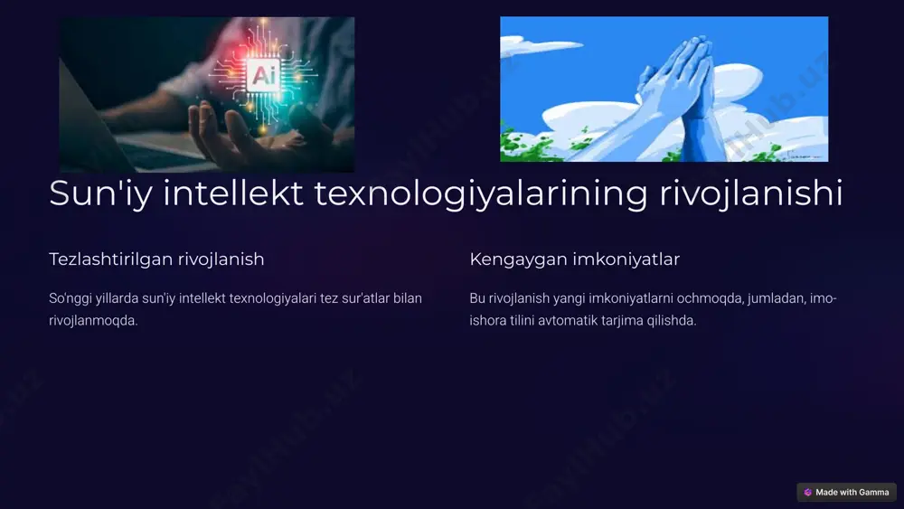 t imo-ishoralar bilan so'zlar va iboralarni bog'laydigan katta lug'at yaratish. 2 sintaktik tahlil imo-ishora ketma-ketligini sintaksis va semantikani tahlil qilish. 3 tarjima imo-ishoralarni yozma yoki og'zaki tilga tarjima qilish. 9 natijalar va kelajakdagi yo'nalishlar 1 to'g'riligi hozirgi vaqtda imo-ishora tilini tarjima qilish tizimlari yuqori aniqlikka erishmoqda. 2 kengaytirish kelajakda imo-ishora tillari sonini kengaytirish va tizimlarni takomillashtirish kerak. 10 image1.png image2.png image3.jpeg image4.png image5.png image6.png image7.png image8.png image9.png image10.png image11.png image12.png image13.png image14.png image15.png image16.png image17.png