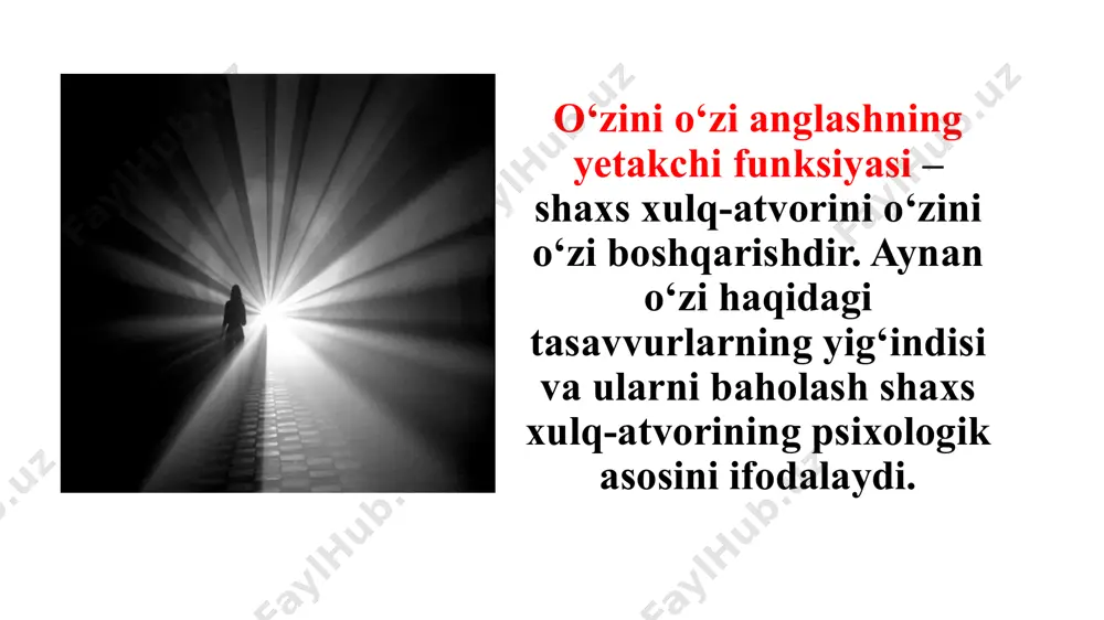 ning ongli jarayoni o‘zini o‘zi takomillashtirish (samosovershenstvovanie) manbalari ijtimoiy muhitda, harakatlantiruvchi kuchlar esa shaxs ichida, shaxsiy rivojlanish motivlari shaklida bo‘ladi. o‘zini o‘zi takomillashtirish jarayoni haqiqiy menni va ideal menni o‘rtasidagi ziddiyatlarni bartaraf etishning ichki mexanizmiga asoslanadi. o‘zini o‘zi takomillashtirish shaxsiy o'z-o'zini rivojlantirishning subyektiv shartlari - bu shaxsiy o'sish jarayoniga va individuallikni shakllantirishga ta'sir qiluvchi ichki omillar. 1. **motivatsiya**: o'z-o'zini rivojlantirishga intilish turli ichki motivlar, masalan, o'z mahoratini oshirish, maqsadlarga erishish yoki potentsialni ro'yobga chiqarish istagi tufayli yuzaga kelishi mumkin. 2. **o'z-o'zini anglash**: o'zining kuchli, zaif tomonlarini, qiziqishlari va qadriyatlarini tushunish odamlarga ularning rivojlanishi haqida o'ylashlariga va oqilona qarorlar qabul qilishga yordam beradi. 3. **maqsadni belgilash**: aniq va erishish mumkin bo'lgan maqsadlarni qo'yish rivojlanish uchun yo'nalish yaratadi va harakatlarni rejalashtirish uchun asos bo'lib xizmat qiladi. 4. **yangi bilimlarga ochiqlik**: yangi ma'lumot va g'oyalarni qabul qilishga, shuningdek, o'z tajribasi va boshqalarning tajribasidan o'rganishga tayyorlik. 5. **emositonal chidamlilik**: stress, muvaffaqiyatsizliklar va qiyinchiliklarga dosh …