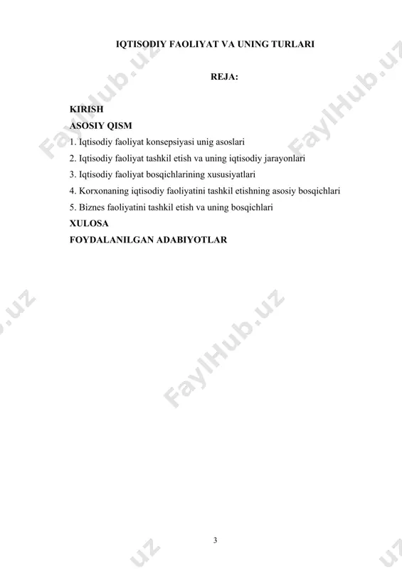 tarmoqlarda amalga oshirayotgan keng ko‘lamli islohotlarimizni atroflicha tahlil etib, kelgusi rejalarimizni aniq ravshan belgilab olishni talab etadi. 1. iqtisodiy faoliyat konsepsiyasi unig asoslari inson ehtiyojlari turli-tuman bo’lib, ularni turli usullar, vositalar orqali qondirishga harakat qiladi. insonning ehtiyojini qondirish, ya’ni tirikchilik, hayot kechirishini ta’minlashning vosita va usullari majmui iqtisodiy faoliyat deb ataladi. agar iqtisodiy faoliyatni insonni hayot kechirishini ta’minlovchi faoliyat tarzida qarasak, uni kishilik jamiyati taraqqiyoti tarixi davomida rivojlanishini ikki asosiy tipga bo’lishimiz mumkin: 1) o‘zlashtiruvchi va 2) ishlab chiqaruvchi. kishilik jamiyatining dastlabki bosqichida insonlar tabiatdagi bor narsalarni to‘g‘ridan to‘g‘ri o‘zlashtirish bilan hayot kechirganlar. insoniyat ma’lum bir paytdan esa obyektiv zarurat tufayli tabiatdagi tayyor ne’matlarni o‘zlashtiruvchidan ishlab chiqaruvchiga aylandi. shu paytdan boshlab, uning mehnati sifat jihatdan yangi bosqichga ko‘tarildi. mehnat iqtisodiy jarayonga aylandi. endi insonlar tabiat ne’matlarini ehtiyojlariga moslashtirishga o‘tdilar. iqtisodiy faoliyat inson hayotining asosini tashkil etadi. u juda murakkab, turli hodisa va jarayonlarni o‘z ichiga oladi. kishilik jamiyati yashar ekan, …