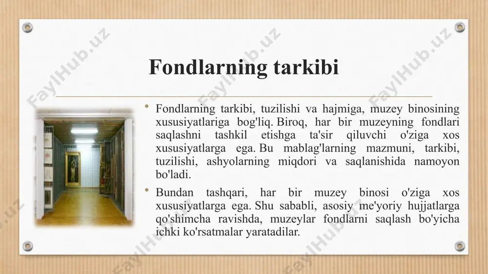 ionerlari bo'lmagan binolarda u isitish tizimi, ventilyatsiya, namlagichlar, namlagichlar yordamida o'rnatiladi va xizmat ko'rsatiladi. muzey mikroiqlimining optimal parametrlari, unda organik materiallar uzoq vaqt davomida shikastlanmasdan va shikastlanmasdan saqlanadi: - harorat (to): +17-19o c - nisbiy namlik (rh): 45-55% ruxsat etilgan parametrlar chegarasidan bir oz kengroq, bu diapazonda materiallarda qaytarilmas o'zgarishlar yo'q: - gacha: +15-24o s - rh: 40-65% yorug'lik rejimi turlari yorug'lik rejimi ob'ektning materiali, rangi va saqlanish darajasiga qarab o'rnatiladi. bu yorug'likka sezgir narsalarni doimiy yorug'lik manbalaridan to'liq yoki qisman izolyatsiya qilishdan, shuningdek, ob'ektlarning ayrim guruhlarini ularning xavfsizligi uchun zarur bo'lgan yorug'lik miqdori bilan ta'minlashdan iborat bo'lishi mumkin. barcha turdagi grafikalar, kitoblar, qo'lda yozilgan materiallar, fotosuratlar, matolar, bo'yalgan teri, o'simlik va hayvonot dunyosi namunalari saqlanadigan xonalar uchun 50 - 75 lyuks oralig'idagi yorug'lik darajasi tavsiya etiladi. havaoni ifloslantiruvchi moddalar ta'siridan himoya qilish muzey kollektsiyalarini havoni ifloslantiruvchi moddalar ta'siridan himoya qilishning asosiy usullari - konditsionerli havo muhrlangan xonalar, filtrlash moslamalaridan …