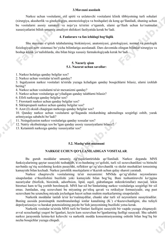 kka tartibda topshiriq beradi: konseptual jadval, baliq skeleti chizmasini to‘ldirish. bajarilgan topshiriqning jamoaviy muhokamasini tashkillashtiradi. 2.7. tarqatma materiallarni ko‘rsatadi. 2.1. savollarga javob beradi 2.2. tinglaydi. 2.3. kichik guruhlarga bo‘linadilar, guruhlarda vaziyatli masalalarni yechadilar 2.4. guruhlar o‘z yechimlari bilan prezentatsiyalarini taqdim etadilar,qolgan ishtrokchilar guruh taq-dimotini baxolaydilar, savollar beradilar, o‘z fikrlarini bildiradilar. 2.5. tinglaydilar, aniqlashtiradilar, topshiriqni bajaradilar, savollarni muhokama qiladilar. 2.6. tinglaydilar, aniqlashtiradilar, grafik organayzerni yakka tartibda to‘ldiradilar. topshiriqning bajarilishini jamoaviy muhokama qiladilar. 2.7. tarqatma materiallarni o‘rganadilar 3- bosqich. amaliy qism (35 daq.) 3.1. mashg‘ulotning amaliy qismining bajarilishi bo‘yicha yo‘riqnomani beradi 3.2. talabalarga yozma nazorat savollarini va amaliy ko‘nikmalarini bajarilishi bo‘yicha topshiriq beradi - resept yozish 3.3. amaliy ishning natijalarini va uyga berilgan yozma vazifalarni tekshiradi 3.1. tinglaydi, savollar beradi 3.2. daftarda nazorat savollariga javob beradi va reseptura bo‘yicha topshiriqlarni bajaradi. 3.3.tinglaydi, xatolarini to‘g‘irlaydi 4- bosqich. yakuniy qism (20 daq.) 4.1. mavzu bo‘yicha yakun qiladi, qilingan ishlarni kelgusida kasbiy faoliyatlarida axamiyatga ega …