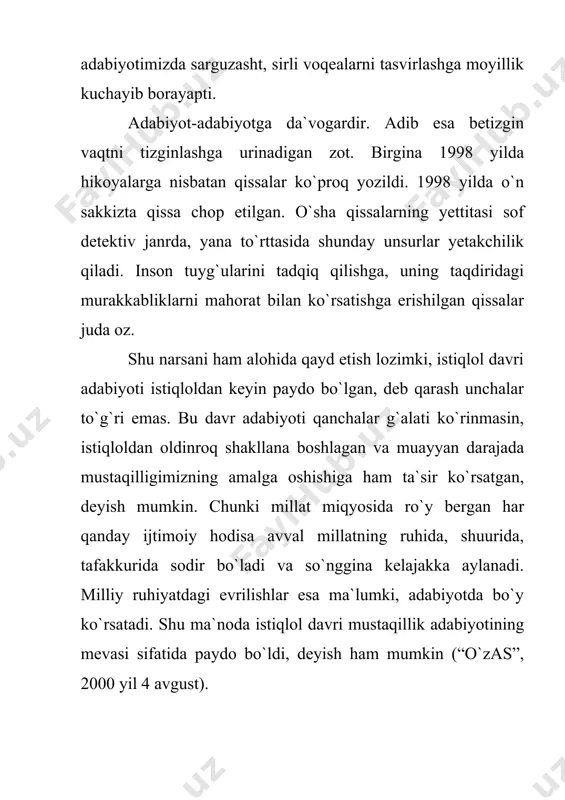 muomilasidan ham o`zbek sifatida taniylik. toir islomov: bugungi adabiy-tanqidning asosiy vazifasi bugunning qahramonini payqashda, ko`pchilik ichidan ajrata bilishda, deb biroz kesatiqli tarzda “bugunning qahramoni kim?” degan savolga javob beradi: eshikdan kirib kelgan bemorning hamyoniga emas, dardiga e`tibor qilgan shifokor, operatsiya lozim taqdirda avval haq masalasini hal qilishni o`ylab o`tirmay ishga kirishadigan jarroh bugungi kunning qahramoni. tarozidan urmagan, birni o`nga pullayotgan insofli tijoratchi bugunning qahramoni. katta ishda ham, mayda ishda ham qonun ustuvorligini birday turib himoya qila oladigan qozi yoki mirshab, muruvvatli, sahovatli bobodehqon, o`z mansabini suiiste`mol qilmaydigan, fuqarolar manfaatidan ko`z yummaydigan hokim, ko`cha-kuylarimizga ko`rk baxsh etadigan muhtasham binolarni, yangi avtomobillar va samolyotlarni yaratayotgan ishchi-muhandislar, qo`yadigan bahosiga pul olmaslikni jasorat emas, hayot tarzi deb his etuvchi oliy maktab mualliflari bugunning qahramoni... (“o`zas” 2000 yil 7 iyul). mustaqillik davri adabiyotida n.eshonqul, salomat vafo, ne`mat arslonov, sotiboldi topiboldiyev, jamila ergasheva kabi modern usulida asar bitayotgan adiblarning ham o`z o`rni bor. endilikda moderncha adabiyotga …