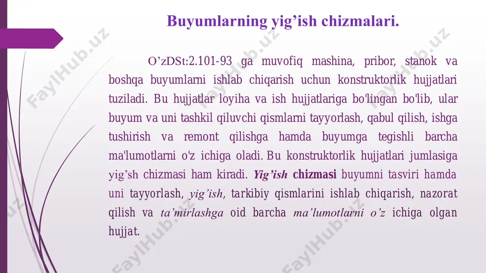 a chiziladi. asosiy yozuvga joy qoldiriladi. 8. varaq rejalashtiriladi: har bir tasvirning simmetriya o’qlari o'tkaziladi. 9. har bir ko'rinishda qirqim va kesim, shuningdek, qo'shimcha ko’rinishlarning joylashuvi aniqlanadi. buyum bilan tanishish 1-rasm 2-rasm. ‘yo’naltiruvchi blok” ning yig’ish chizmasi 10. asosiy (buyumning korpusi va shu kabi) detalning bir vaqtda hamma tasvirlarning, so'ngra maydaroq detallarning barcha tasvirlari konturi ingichka chiziq bilan chiziladi. 11. chizmaning barcha qirqim va kesimlari bajariladi hamda shtrixlanadi. 12. chizmaning o'lchamlari va zarur hollarda detallarni o'tkazish usullari qo'yiladi. 13. chizmaning kontur chiziqlari hamma ko’rinishlarda yo’g’onlashtiriladi, avval o'q, markaz va o'lcham chiziqlari, aylana va egri chiziqlar, so’ngra asosiy tutash to'gri chiziqlar yo’g’onlashtiriladi. 14. detallarning pozitsiya nomerlari qo’yiladi. 15. chizmaning asosiy yozuvi va spetsifikatsiyasi to'lgaziladi. zarur hollarda texnik shartlar yozib qo’yiladi. yig’ish chizmasidagi har bir detal o'zining barcha tasvirlaridagi qirqim va kesimlarida bir tomonga qaratib shtrixlanishi kerak. buyumning harakatlanuvchi qismlarining eng chetki vaziyatlari (klapan, dasta, shpindel, porshen va shunga o'xshash) yig’ish chimalarida …