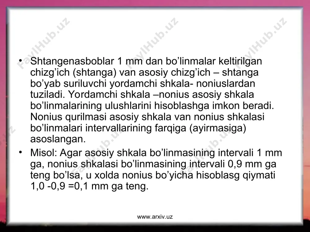 zo’riqtirmasdan bajarish kerak. www.arxiv.uz www.arxiv.uz adabiyotlar juravlev a.n. “dopusklar van texnik oi’chashlar”- t.: o’qituvchi.1971. ganevskiy g.m.labaratorno-prakticheskie raboti po predmetu “dopuski i tehnicheskie izmereniya’.-m.: vis.shk.1988. karabanova.i.a. “spravochnik po trudovomu obucheniyu” 5-7/pod.red.-m:. prosveshenie.1991. a.rahimov, o.e’shonov, s. turg’unov.”standartlashtirish asoslari van mahsulotlari sifatini boshqarish fanidan labaratoriya ishlarini bajarish bo’yicha mrtodik ko’rsatma”-namangan, 1991. berezin b.p. “ dopusk van texnik o’lchashlarga doir masalalar to’plami”- t.: o’qituvchi, 1971. www.arxiv.uz www.arxiv.uz