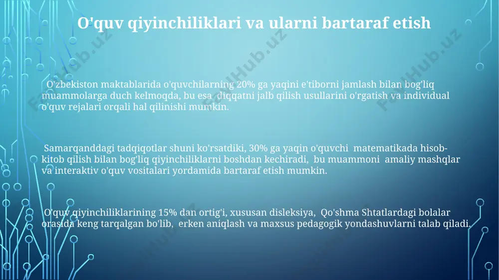 ntellekt va uning o'lchovlari intellektual qobiliyatning turli xil turlarini o'lchash uchun, masalan, verbal va mantiqiy fikrlash, xotira va fazoviy tasavvur kabi ko'nikmalarni o'z ichiga olgan, wechsler intellekt testlari (wais va wisc) kabi ko'p qirrali testlar mavjud. intellektual qobiliyatni o'lchashda stanford-binet testi keng qo'llaniladi va 2 yoshdan 85 yoshgacha bo'lgan odamlarning intellektual koeffitsiyentini (iq) aniqlashga imkon beradi, natijalar esa standart ballar (masalan, 100) bilan ifodalanadi. 1905 yilda alfred binet tomonidan ishlab chiqilgan birinchi intellekt testlari parij maktablarida o'quvchilarning o'qish qobiliyatlarini baholash uchun ishlatilgan va keyinchalik aqshda ham keng tarqalgan. ta'lim strategiyalari va usullari 1990-yillardan boshlab o'zbekiston maktablarida qo'llaniladigan "faol o'qitish" strategiyasi, o'quvchilarning 30% faol ishtirokini ta'minlaydi, lekin samaradorlikni 50% ga oshirish uchun qo'shimcha texnologiyalar, masalan, interfaol doskalar kerak. samarqanddagi pedagogika universiteti tadqiqotiga ko'ra, 7-sinf o'quvchilarining 65% amaliy mashg'ulotlar orqali yangi mavzularni yaxshiroq o'zlashtiradi, nazariy tushunchalarga nisbatan. toshkent shahridagi 5-maktabda o'tkazilgan eksperiment shuni ko'rsatdiki, o'yin texnologiyalarini qo'llash o'quv jarayoniga 40% gacha ijobiy …