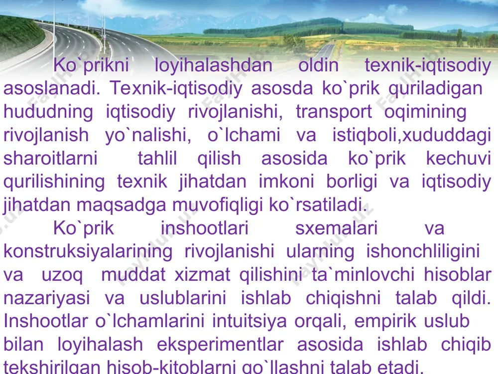 a ko`tarma o`rniga yoki botqoqliklar ustidan quriladi). qatnov qismining oraliq qurilma yuk ko`taruvchi konstruksiyasiga nisbatan joylashishiga ko`ra: -ustidan qatnov; -ostidan qatnov; -o`rtasidan qatnov. materialiga ko`ra–yog`och, tosh, beton, temirbeton, metall va kombinatsiyalangan (po`lattemirbeton) ko`priklar. temir yo`l viaduklari estakada temir yo`l o`tkazgichi avtomobil yo`llarni temir yo`llar bilan bir sathda yo`ki ko`p sathda kesishgan joylari temir yo`l kesishmalari deyiladi temir yo`l kesishmalarida sodir bo`ladigan yo`l-transport hodisalari og`ir oqibatlarga olib kelishi sababli, ularning oldini olish uchun tegishli ogohlantiruvchi belgilar o`rnatiladi. temir yo`l kesishmalari undan o`tadigan temir yo`l transportini jadalligi va avtomobillarnining ko`pligifa qarab qoriqlanadigan (shlagbaumli) va qo`riqlanmaydigan (shlagbaumsiz) bo`ladi. shlagbaumli temir yo‘l kesishmalarida, shlagbaumdan tashqari, harakatni tartibga soluvchi svetofor, haydovchining e’tiborini jalb etish uchun tovush chiqaruvchi moslamalar bilan jihozlanadi. harakatlanish xavfsizligini temir yo‘l nazoratchisi nazorat qiladi. keyingi paytlarda temir yo‘l kesishmalarida harakat xavfsizligini ta’minlash maqsadida ko‘tariluvchi to‘siq moslamalar o‘rnatilishi ham qo‘llanilmoqda. shlagbaumsiz temir yo‘l kesishmalari shlagbaumlidan farqli o‘laroq, kesishma yaqinida «bir izli» (1.3.1.) yoki …