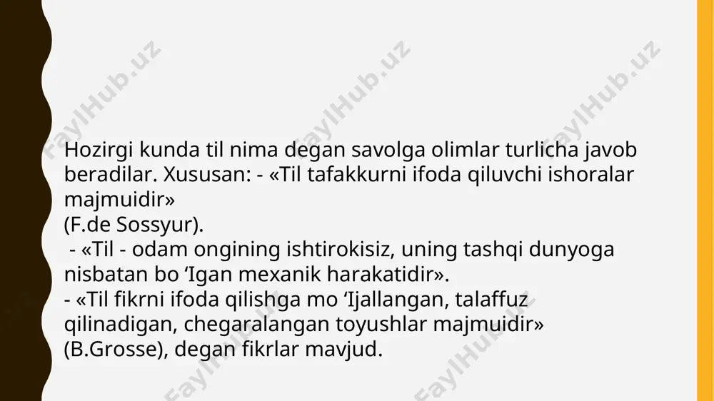 llanadi? 6. til va til to‘g‘risidagi tushunchalami ta’riflang. 7. til va boshqa aloqa vositalari o‘rtasidagi o‘xshashlik va farqni tushuntiring. 8. til tabiiy hodisami yoki ijtimoiymi? 9. til va jamiyat drasidagi bog‘liqlikni asoslang. 10. til to‘g‘risida o‘z fikringiz bo‘lsa, uni asoslang foydalanilgan adabiyotlar: 1. abduazizov a.tilshunoslik nazariyasiga kirish. -toshkent, 2010. 2. irisqulov i. tilshunoslikka kirish. – toshkent. 2009. 3. rasulov r. umumiy tilshunoslik. – toshkent. 2013. *