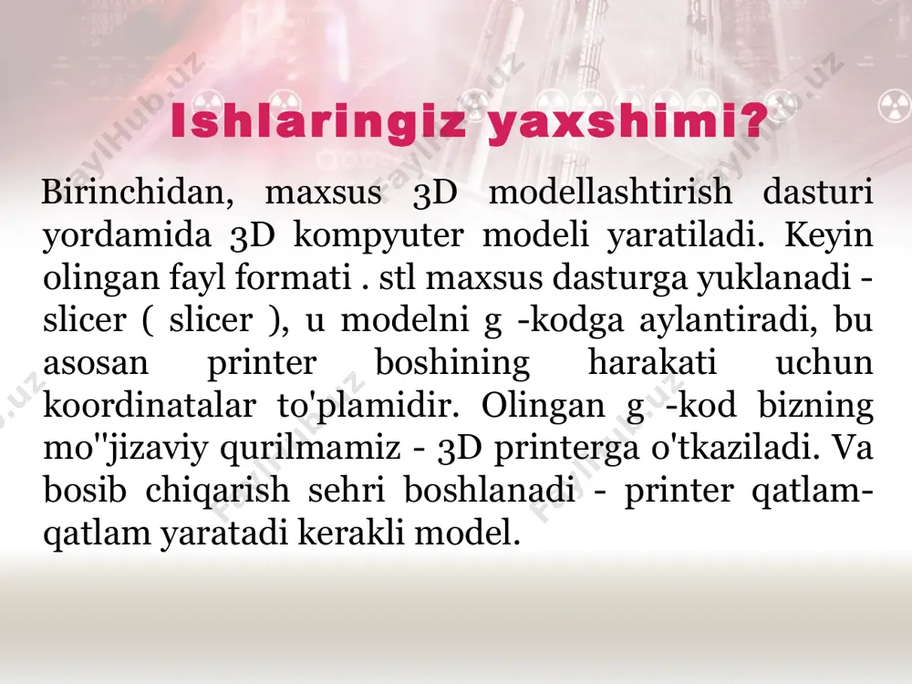 o'zingiz yaratmoqchimisiz yoki mahsulotlarning tayyor 3d modellarini internetdan yuklab olarmidingiz? o'zimni namuna qilardim modellashtirish dasturini o'zlashtira boshlaydi internetdan tayyor modellarni yuklab olish men o'zimga kerakli modellarga buyurtma beraman 7. 3d printerda siz uchun eng muhimi nima? ishlab chiqaruvchi ishonchlilik chop etish sifati chop etish tezligi narxi jim operatsiya qurilmaning tashqi ko'rinishi chop etilgan mahsulotning o'lchamlari boshqa (belgilang) 8. 3d printerdan foydalanganda siz uchun eng mazmunli narsa nima bo'lardi? ruslashtirilgan dasturiy ta'minot avtonom ishlash qobiliyati xizmatlar bosib chiqarish uchun arzon material printerning dizaynini to'ldirish qobiliyati bir tugmani bosish orqali chop eting boshqa (belgilang) printerga qancha pul sarflashga tayyorsiz ? 15 ming rublgacha 15 dan 30 ming rublgacha 30 dan 50 ming rublgacha 50 dan 80 ming rublgacha 80 dan 100 ming rublgacha 100 ming rubldan ortiq 10. sizningcha, 3d printer mashhur va talabga ega bo'ladimi? juda mashhur bo'ladi. bu mashhur bo'lmaydi. bu umuman mashhur bo'lmaydi. javob berishga qiynalayapman. statistik ma'lumotlar 11. …