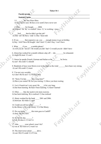 grammar quiz - present perfect, present perfect continuous, modal verbs — DOCX