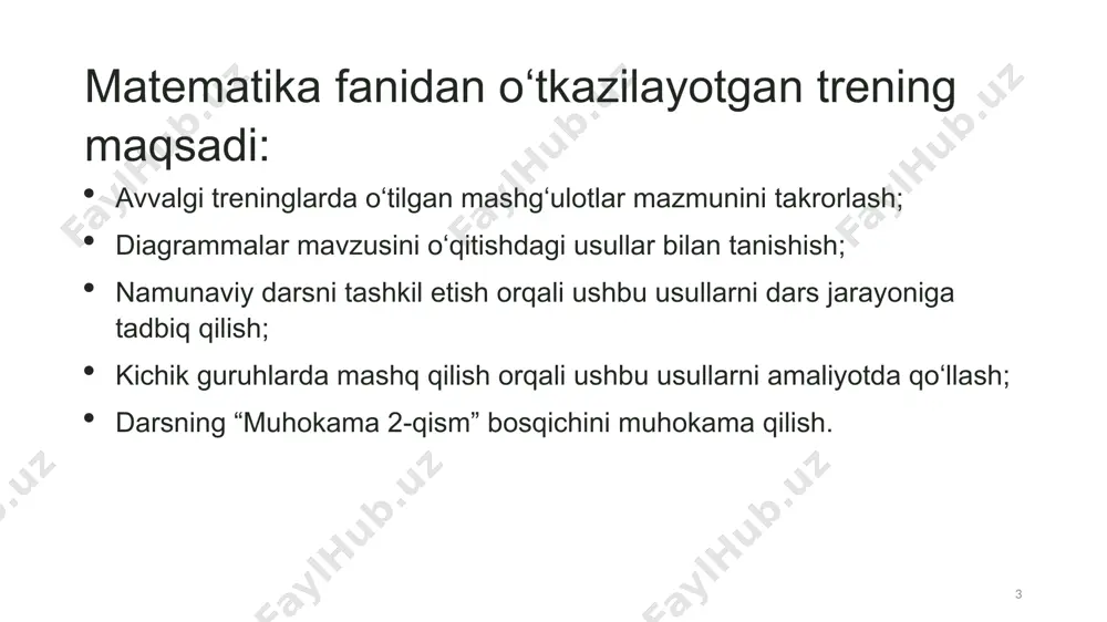 tatlari hindiston fransiya 14 diagramma tuzishni mashq qilamiz! trening ishtirokchilari bilan so‘rovnoma o‘tkazing. jadvalga mos gorizontal (ustunli) va vertikal (qatorli) diagramma tuzing. jadvalga mos piktogramma tuzing. 15 mashg‘ulot: namunaviy darsni tashkil etish 2-sinf, 12-bo‘lim, 10-dars: “sanoq jadvali asosida ustunli diagramma tuzish” dars tahlili: darsni tashkil etish. yangi mavzuni tushuntirmasdan o‘quvchilarga mavzuga doir topshiriq berdi. o‘quvchilarga topshiriqni mustaqil yoki guruhlarda bajarish uchun vaqt berdi. kamida 3 nafar o‘quvchidan topshiriqning javobi va uni qanday bajarganini so‘radi. xato javoblarni muhokama qildi. darsning “muhokama 2-qism” bosqichida boshqa topshiriqni o‘quvchilarning javoblariga asoslanib tushuntirdi. 16 20 daqiqa mashg‘ulot: amalda qo‘llash quyidagi darslarni 3-4 kishidan iborat kichik guruhlarda tashkil etishni mashq qilish: 1-sinf: 1-bo‘lim, 14-dars “ustunli va qatorli piktogramma tuzish” 2-sinf: 12-bo‘lim, 6-dars “ma’lumotlar jadvali asosida ustunli diagramma tuzish” 3-sinf: 12-bo‘lim, 6-dars “sanoq jadvalida ma’lumotlar yig‘ish” 4-sinf: 12-bo‘lim, 7-dars “chiziq grafikli diagrammalar” 17 20 daqiqa darsning “muhokama 2-qism”ni tashkil etish odatda siz darsning “muhokama 2-qism”ni qanday tashkil …