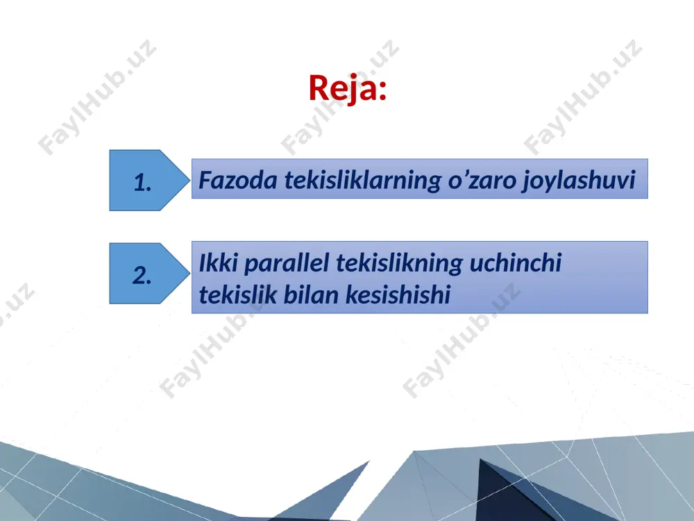 gini ko’rsatadi. 4.9 – teorema. berilgan tekislikka undan tashqaridagi nuqtada yagona parallel tekislik o’tkazish mumkin. isbot. berilgan a tekislikda kesishadigan ikkita a, v to’g’ri chiziq o’tkazamiz. a1, b1 to’g’ri chiziqlar orqali b tekislik o’tkazamiz. bu tekislik 4.7 teoremaga ko’ra a tekislikka parallel bo’lib, izlanayotgan tekislik bo’ladi. endi bu tekislikning yagonaligini ko’rsatamiz. faraz qilamiz, a tekislikka parallel yana bitta b1 tekislik mavjud bo’lsin. a nuqtada b va a to’g’ri chiziqdan o’tuvchi y tekislikni o’tkazamiz bu tekislik b tekislikni a1 to’ri chiziq bo’ylab b1 tekislikni a2 to’g’ri chiziq bo’ylab kesib o’tadi. a1, a2 to’g’ri chiziqlar 4.6-teoremaga ko’ra a to’g’ri chiziqqa parallel bo’ladi. 4.11-teorema. paralel tekisliklar orasidagi parallel to’g’ri chiziqlar tengdir. isbot. aytaylik a va b tekisliklar k va l to’g’ri chiziqlardan ab va cd kesmalarni ajratsin. bu kesmalarning tengligini ko’rsatamiz. k va l to’g’ri chiziqlardan o’tuvchi y tekislik parallel tekisliklarni ac va bd to’g’ri chiziqlar bo’ylab kesib o’tadi. natijada, qarama-qarshi tomonlari parallel …