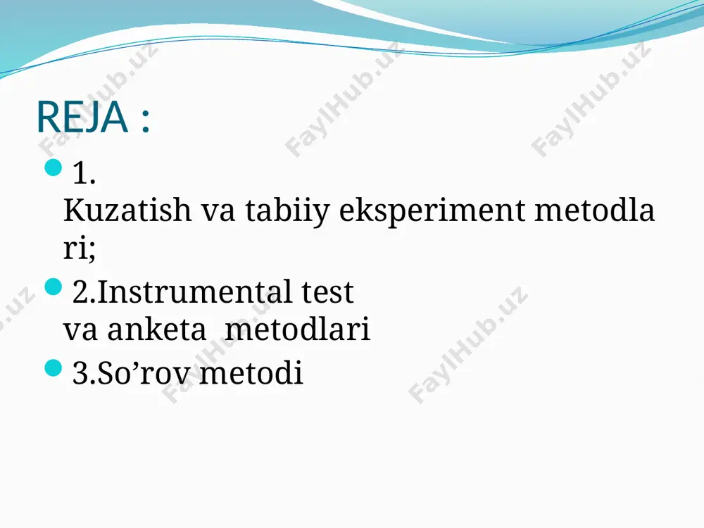mumkin bo`ladi. ayni testga qo`yilgan talab hech qachon o`zgarmaydi, xattoki, shunday testlar borki, ular turli millat va elat vakillarida, turli davrlarda ham o`zgarmagan holda ishlatilaveradi. masalan, ravenning aqliy intellektni o`lchash, kettelning va ayzenkning shaxs testlari shular jumlasidandir. test — so`rov oldindan qat’iy tarzda qabul qilingan savollarga beriladigan javoblarni taqozo etadi. masalan, ayzenkning 57 ta savoldan iborat testi shaxsdagi introversiya-ekstroversiyani o`lchaydi, savollarga «ha» yoki «yo`q» tarzida javob berish so`raladi. test — topshiriq odam xulqi va xolatini amalga oshirgan ishlari asosida baholashni nazarda tutadi. masalan, shaxs tafakkuridagi kreaktivlilikni aniqlash uchun ko`pincha bir qarashda oddiygina topshiriq beriladi: berilgan 20 ta doira shaklidagi shakllardan o`zi xoxlagancha rasmlar chizish imkoniyati beriladi. so`rov metodi ham psixologiyaning barcha tarmoqlarida birlamchi ma’lumotlar to`plashning an’anaviy usullaridan hisoblanadi. unda tekshiriluvchi tekshiruvchi tomonidan qo`yilgan qator savollarga muxtasar javob qaytarishi kerak bo`ladi.og`zaki so`roqni yoki ba’zan uni oddiygina qilib, suhbat metodi deb ataladi, o`tkazadigan shaxs unga ma’lum darajada tayyorgarlik ko`rgach so`roq o`tkazadi. agar …