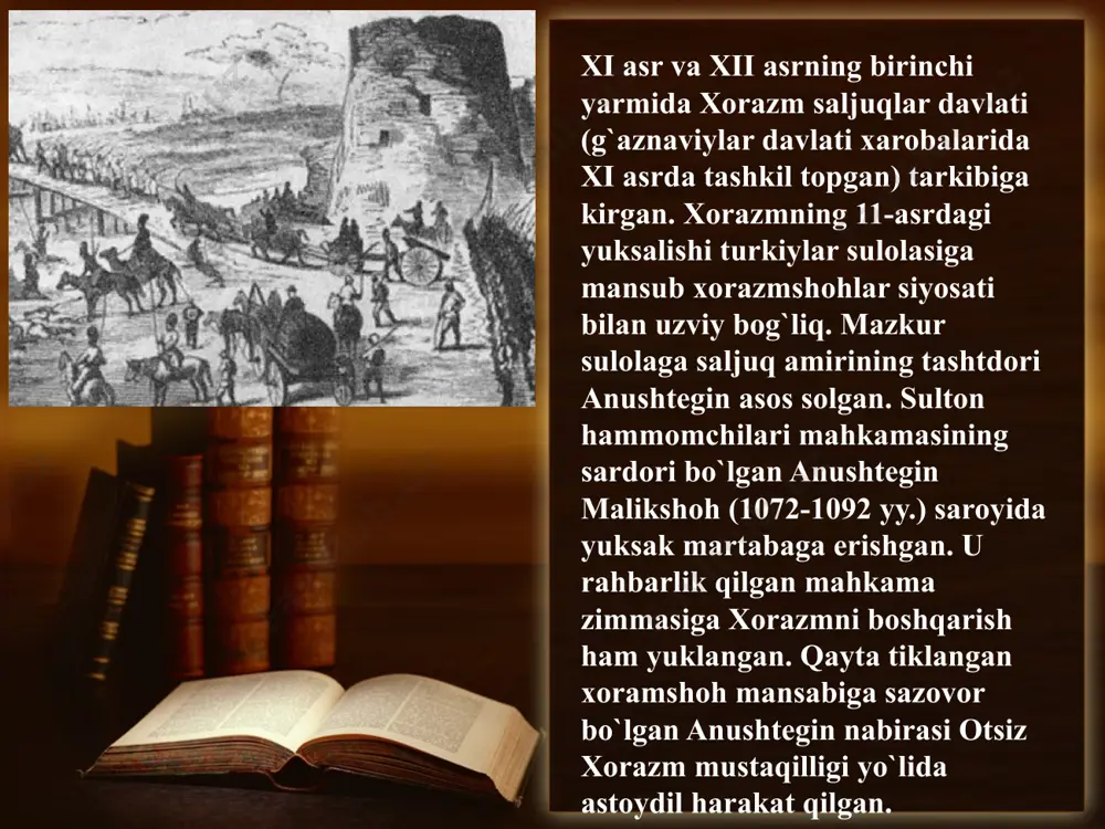 arix oldilar. shu vaqgda kayxusrav [[xorazm[[]]ga ko’chib, turk podshoxlari (ustidan) xukmronligini yurgizgan edi", deb yozgan. tarixiy va arxeologik ma’lumotlarga qaraganda 10-a. oxirlarida [[xorazm[[]] iqtisodiy jihatdan juda tez rivojlana boshlaydi. bunga shaharlarning o’sishi dalil bo’la oladi. agar, tabariy 712 y.da [[xorazm[[]]da uchta shahar bo’lganligini ko’rsatib o’tsa, istaxriy 10-a. boshlarida [[xorazm[[]]da shaharlar soni o’ntaga yetganligini ko’rsatadi. 985 y.larda esa, makdisiyning yozishicha, [[xorazm[[]]dagi shaharlarning soni o’ttiz ikkitaga yetgan. arxeologik qazilma vaqtida topilgan kulolchilik mahsulotlari bu shaharlarda hunarmandchilik tez rivojlanganligidan darak beradi. arab manbalariga qaraganda, 10— 11-a.larda [[xorazm[[]] yirik savdo markaziga aylangan. [[xorazm[[]] savdogarlari, hoz. qozog’iston va turkmaniston o’rnidagi dashtlarda yashovchi aholi bilan volga bo’yidagi xazariya va bulg’or podsholigi hamda sharqiy yevropadagi slavyan olami bilan keng ko’lamda savdo ayirboshlash ishlarini olib borgan. sharqiy yevropa savdoning o’sishi natijasida x. d.ning shim.g’arb tomonidan eng chekka istehkomi bo’lgan urganch [[xorazm[[]]da bu savdoning birinchi ahamiyatga ega bo’lgan markaziga aylangan. "hudud ulolam" muallifining ta’rificha, "gurganj" qad. zamonda [xorazm] mulklari …