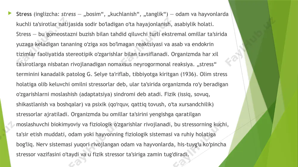 n form boʻlishiga yordam beradi. zararli stresslar (distress) organizm rezistentligini pasaytiradi, koʻpgina kasalliklarning kechishini ogʻirlashtiradi. stress taʼsirida kasalliklar paydo boʻlishida organizmning dastlabki holati katta ahamiyatga ega. masalan, gipertoniya kasalligi bilan ogʻrigan bemorda stress ogʻirroq, yaʼni gipertonik krizlar bilan kechadi. hans selye, stress natijasida rivojlanadigan kasalliklar yo stressorning kuchli taʼsir etishi, yoki gormonal tizimning „notoʻgʻri“ reaksiya berishiga bogʻliq deb hisoblagan. chunki ayrim hollarda distress uncha kuchli boʻlmagan stressor taʼsirida yuzaga keladi. stressning organizmga ijobiy yoki salbiy taʼsir etishi organizmning ushbu stressorga nisbatan reaksiyasiga bogʻliq. stress xrlatini faol oʻzgartirishga qaratilgan choralar organizm chidamliligini oshiradi va natijada kasallik rivojlanmaydi yoki, aksincha, faol kurashish boʻlmasa, moslashish sindromi susayib, ogʻir holatlarda organizmni nobud boʻlishigacha olib kelishi ham mumkin. organizmdagi hamma oʻzgarishlarni nazorat qilishda miyadagi katexolaminlar miqdori katta ahamiyatga ega. shunday qilib, nerv sistemasi organizmning stressga reaksiya berish holatini belgilaydi (qarang neyrogumoral regulyasiya). hozirgi „stress“ termini juda keng maʼnoda tushuniladi, masalan, nerv sistemasi boʻlmagan quyi hayvonlar, …