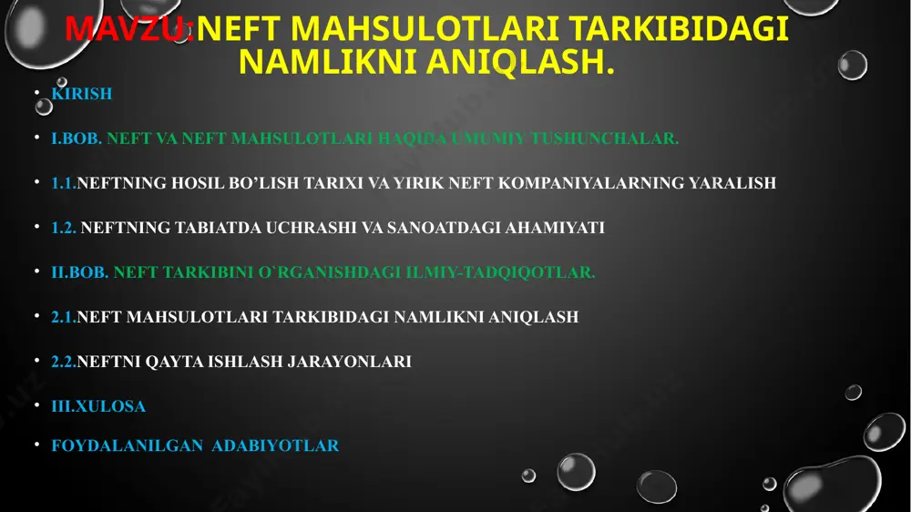 akrodarajadagi asosiy ko’rsatkichlari bayon etiladi. kurs ishining ob’ekti. neft ishlab chiqarish va uni qayta ishlash davlatda juda katta o’rin egallaydi. bunday sharoitda davlat tomonidan zavodlar va bir qancha yirik korxonalarning moliyaviy faoliyatni tartibga solish zaruriy shart-sharoitlarni ta’minlash muxim axamyat kasb etadi. kurs ishining maqsadi. ushbu kurs ishimizdagi mavzuning maqsadi neft va neft mahsulotlari va unining tarkibidagi bir qancha kimyoviy moddalar shu jumladan namlik miqdorini aniqlash usullari,va uni amaliyotda tadbiq etishdan iborat. kurs ishing vazifasi. yuqorida oldimizga qo‘ygan maqasadimizdan kelib chiqib: -tadqiqot ishida tanlangan mavzu bo‘yicha ijtimoiy-iqtisodiy,ilmiy-metodik hamda o‘quv adabiyotlarni o‘rganib chiqish va umumlashtirish va amaliyotda qo`llay olish. kurs ishining ilmiy farazi. kurs ishida neft va neft mahsulotlari tarkibidagi namlikni aniqlashni nazariy jihatdan ochib berilganligi ya’ni neft va neft mahsulotlari tarkibidagi namlik haqidagi nazariy hamda amaliy asoslari, hamda uning tadqiqotchilariga yetarlicha ko’mak berishdan iborat. kurs ishining tarkibiy tuzilishi. ushbu kurs ishi kirish,2 bob va har bir bobda 2 ta qism,xulosa,foydalanilgan adabiyotlar …