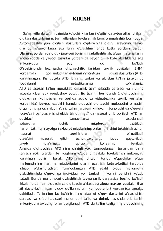 qiyin. ta'limning bu ko'rinishining asosiy kamchiligi - o'quvchi xotirasiga ortiqcha murojaat qilish. chizmachilik darslarida kompyuterdan foydalanish uchun quyidagi talablar bajarilishi kerak: o'quvchilar kompyuterda ishlash malakalarini egallagan boiishlari zarur; kompyuterda chizma bajarishdan avval ular kamida proeksion savodxonlik asoslarini egallagan bo'lishlari talab qilinadi; chizmachilik darslari kompyuter grafikasi darslariga (bu alohida fanlarni bir-biri bilan chalkashtirmaslik zarur) aylantirilmasligi shart. o'quvchilarning grafik dasturlar bazasida chizma bajarishlariga tegishli metodik masalaiarni ko'rib chiqamiz. hozirgi kunda chizma va uch o'lchamli modellar tasvirlarini bajarish bo'yicha juda ko'plab autocad, topcad, jcad, 3d-graf, kd-master, компас-график, варикон, тефлекс kabi grafik tizimiar kishilarning ilmiy va muhandislik faoliyatining turli sohalarida keng qo'llanilmoqda. ulardan ta'lim tizimida ommalashgani autocad hisoblanadi. autocad shuningdek mamlakatimizda va chet ellardagi ko'pchilik korxona va tashkilotlarda loyiha-chizma ishlarini avtomatlashtirishning standartlashtirilgan tizimi sifatida shakllangan. 2002-yilda rossiya maktablarida chizmachilik o'qitish tarixida birinchi marta o'quv-metodik kompleksning tarkibiy qismlaridan bin' bo'lgan kompakt-disk (компас 3d lt grafik dasturi) tayyorlanib, sotuvga chiqarildi. компас 3d lt grafik dasturi tarkibida …