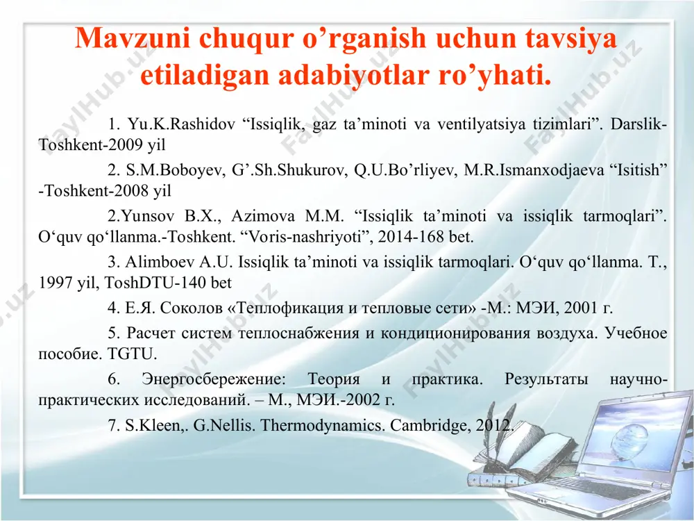 tor, panelli va silliq quvurli asboblar (bu uch xil asboblar sirti silliq yuzadan iborat), konvektorlar va qovurg'ali quvurlardan yasalgan asboblar (tashqi sirt yuzasi qovurg'ali). tashqi sirt yuzasi qovurg'ali bo'lgan asboblarga kaloriferlarni ham qo'shsa bo'ladi. 1.isitish asboblarining turlari. shuningdek, isitish asboblariga beriladigan issiqlik tashuvchilarining turlariga qarab ularni katta zichlikka ega bo'lgan tashuvchilar ta'sirida (suv), kichik zichlikka ega bo'lgan issiqlik tashuvchilar (bug', issiq havo) ta'sirida ishlaydigan asboblarga ajratish mumkin. isitish asboblaridan faqat konvektorlargina issiq havo ta'sirida ishlaydi. bundan tashqari, isitish asboblarining tayyorlanishida qanday xomashyo ishlatilganligiga qarab ham ularni quyidagi turlarga ajratish mumkin: metallar, nometall va kombinatsiyalashtirilgan isitish asboblari. kombinatsiyalashtirilgan isitish asboblari uchun issiqlik o'tkazuvchan xomashyolar beton yoki sopollar tanlanib, ularning ichiga po'lat va cho'yandan yasalgan isituvchi elementlar o'rnatiladi. bunday isitish asboblari panelli isitish asboblari deyiladi. * 1.isitish asboblarining turlari. metall bo'lmagan isitish asboblari sopol, shisha, fayans va plastmassalardan tayyorlanishi mumkin bo'lib, bunday isitish asboblari alohida o'rin tutadigan va yuqori darajali talablar qo'yiladigan …
