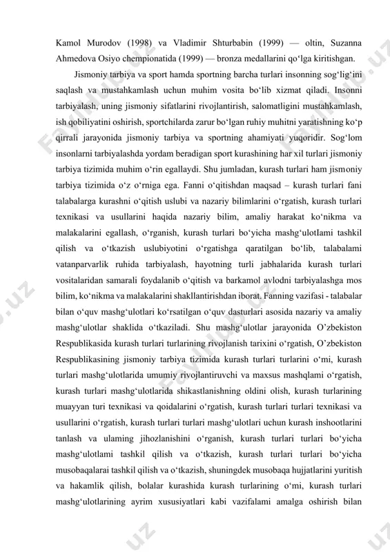 iqib baholab bo‘lmaydi va amalga oshirib bo‘lmaydi. ayni vaqtda shunday vaziyat yuzaga keldiki, ilgaridan mavjud bo‘lgan amaliy tajriba yurtimizning ijtimoiy hayot tarzi o‘zgarishlari hamda zamonaviy kurash fanining yutuqlarini hisobga olgan holda pedagogik nuqtayi nazardan qayta ko‘rib chiqishga o‘tkir ehtiyoj tug‘ildi. xalqaro kurash gilamlari va tatamidagi muttasil o‘sib borayotgan raqobat, kurash turlari bo‘yicha musobaqa qoidalarining tez-tez va ko‘pincha o‘zini oqlamaydigan o‘zgarishlari, ana shu o‘zgarishlar tasirida yuzaga keladigan kurashchilar texnik-taktik ustaligining kuchli dinamikasi yosh kurashchilarni tayyorlash uslubini takomillashtirishning yanada samarador yo‘llarini faol qidirib topishda mutaxassislar zimmasiga ma‘sulyat yuklaydi. bu o‘rinda vatanimiz kurashchilarning yutuqlarini kelgusida yanada ko‘paytirishga xizmat qiladigan kurash zaxiralarini izchil tayyorlab borish muammosi muxim o‘rinlarda turadi.bunday tayyorlovning samaradorligini umumlashtiruvchi mezonlar bo‘lib, bolalar, osmirlar va yoshlarning kurash bilan shug‘ullanishga imkoniyatning etarliligi va ommaviyligi, yosh kurashchilar va murabbiylarning mehnati va vaqti minimal sarflangan holda kurash yutuqlarining tezkor va barqaror o‘sishi, jarohatlanishlarning kamayishi hamda kurash bilan shug‘ullanishga bo‘lgan ehtiyojning osishi hisoblanadi.yosh kurashchilarga kurash turlari …