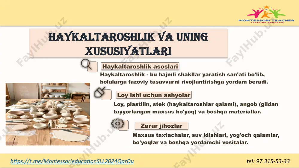 ijodiy an'analari asosida o'yinchoqlar, bareleflar yasash https://t.me/montessorieducationsll2024qardu tel: 97.315-53-33 5 plastik materiallardan narsa yasash usullari asosiy shakllar bilan ishlash shar, tsilindr, konus kabi asosiy shakllarni yasash chimdib chiqarish usuli loy bo'lagining mayda qismlarini cho'zib chiqarish qismlarni birlashtirish alohida yasalgan qismlarni yaxlit kompozitsiyaga aylantirish plastik materiallardan narsa yasashning turli usullarini erkin qo'llashga o'rgatish muhim. bolalar shaklning asosiy qismi va boshqa qismlarini ajrata olishlari, tasvirlangan ob'ektlarning xarakterli xususiyatlarini taqdim eta olishlari kerak. yog'och qalam va barmoqlar harakati orqali shakl yuzasini qayta ishlash, silliqlash va mukammallashtirish ko'nikmalarini rivojlantirish lozim. https://t.me/montessorieducationsll2024qardu tel: 97.315-53-33 6 haykaltaroshlik uslubi va texnikasi plastik uslub butun bo'lakdan modellashtirish, loy bo'lagining mayda qismlarini cho'zib chiqarish, barmoq bilan chuqurcha hosil qilish, buklash texnikalari. konstruktiv uslub alohida qismlarni yasab, keyin ularni birlashtirish. masalan, hayvon figurasini yasashda tana, oyoqlar, bosh kabi qismlarni alohida yasab, so'ng birlashtirish. kombinatsiyalangan uslub plastik va konstruktiv uslublarni birgalikda qo'llash. asosiy shaklni butun bo'lakdan yasab, mayda detallarni alohida qo'shish. …